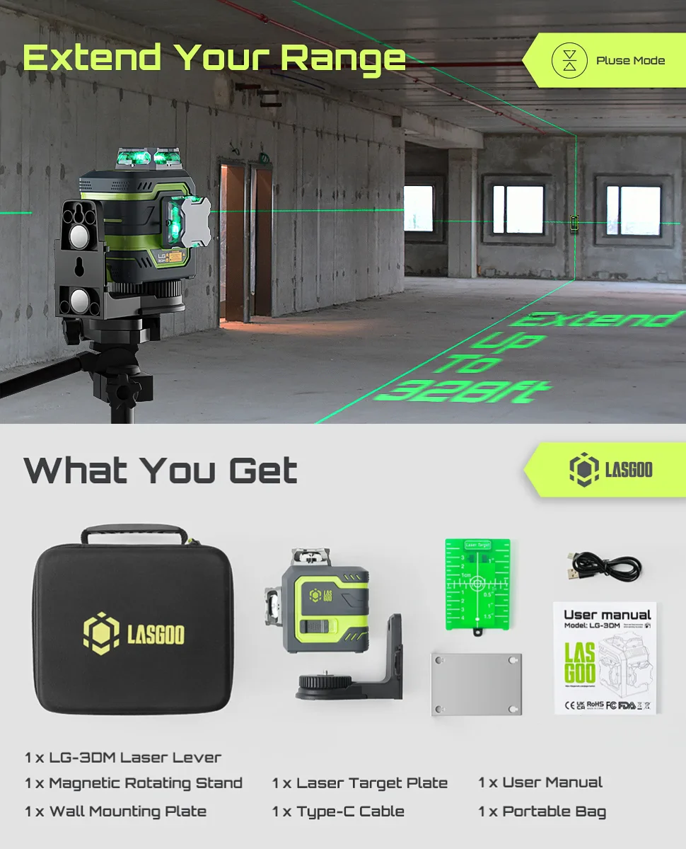 Laser Level 3x360�� LASGOO with Remote Control, 2 Rechargeable Batteries, 100FT Range, 360�� Magnetic Rotating Stand, IP54, 3Ds