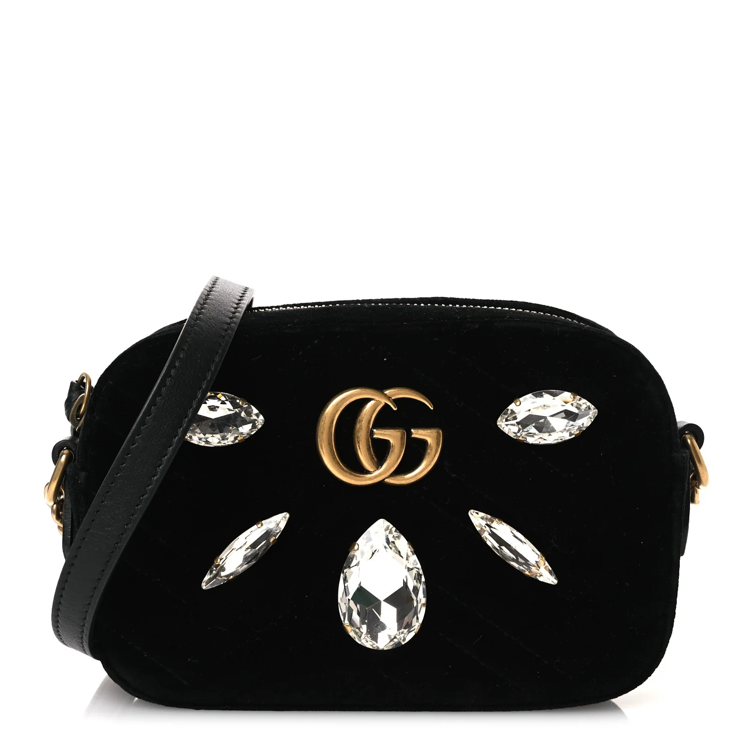 Velvet Matelasse Marquise Crystals Mini GG Marmont Chain Shoulder Bag Black