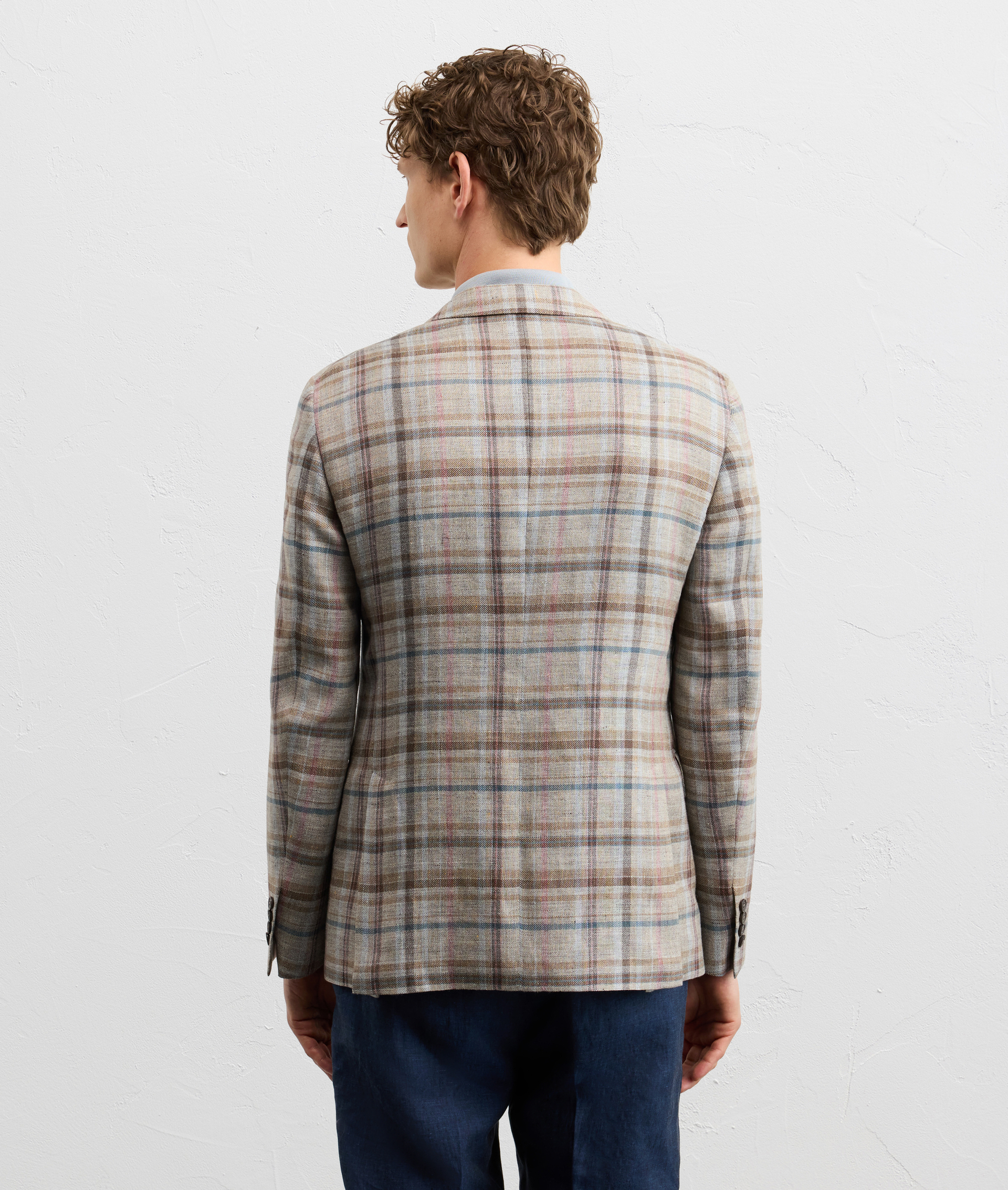 LIGHT BROWN MADRAS EFFECT LINEN AND WOOL VICENZA LINE HALF LINED JACKET