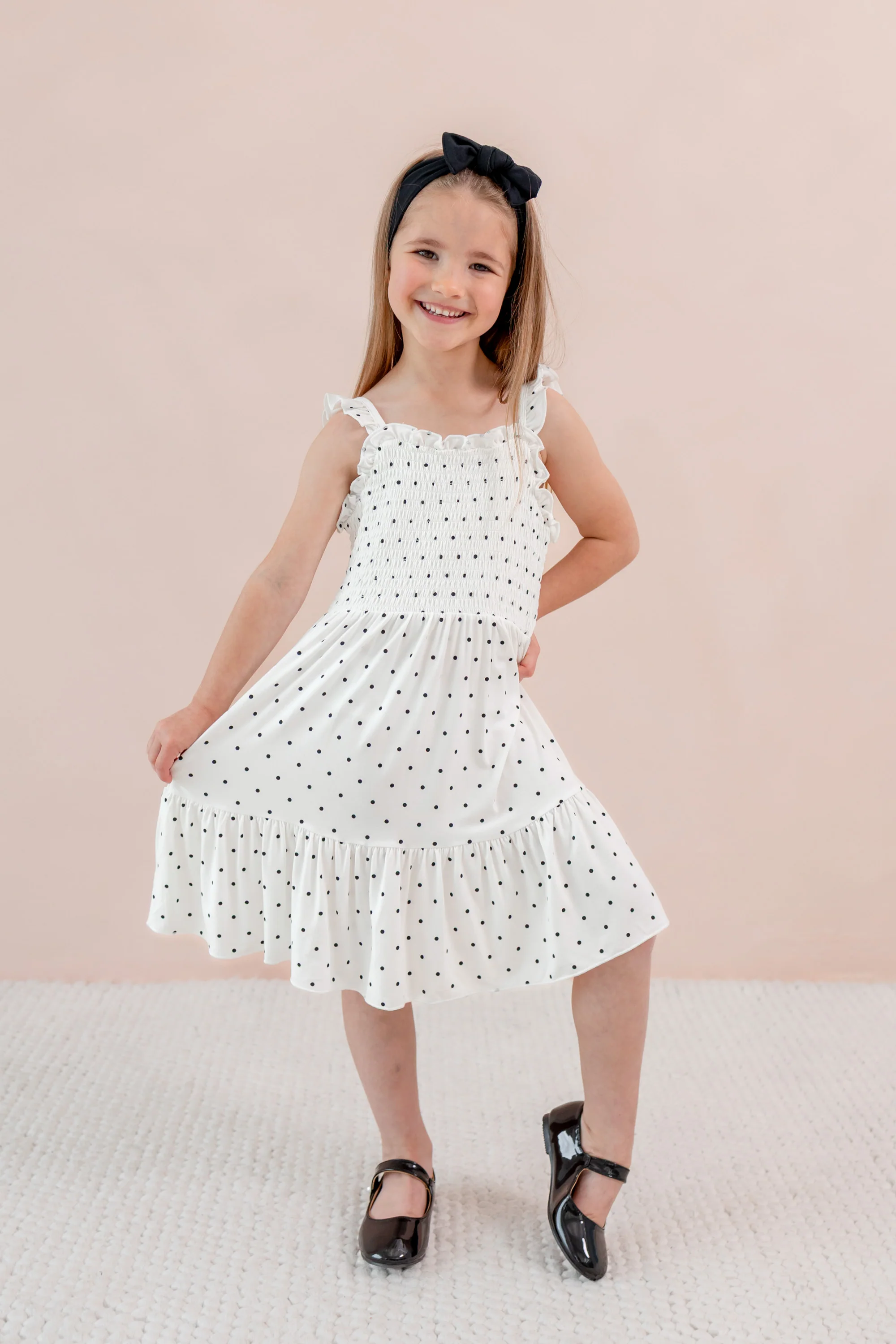 Smocked Dress in Midnight Polka Dot