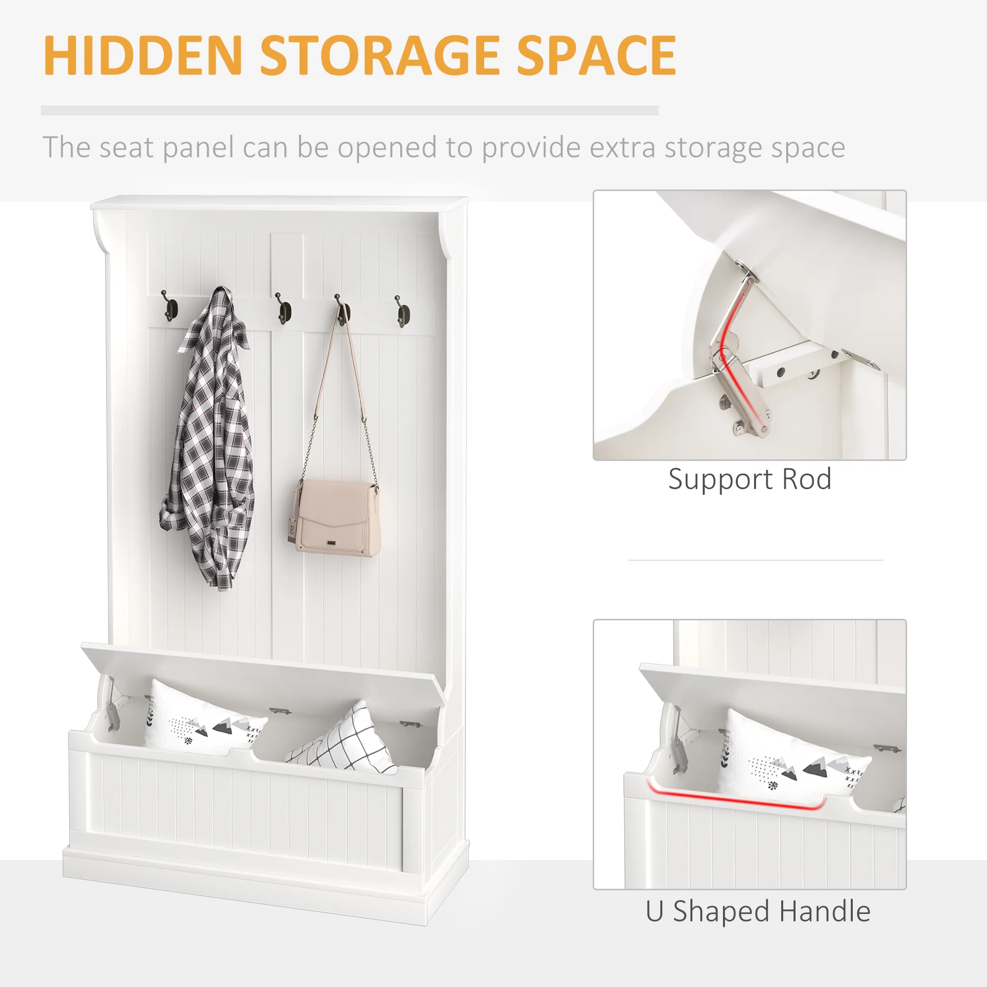 HOMCOM 3-In-1 Hall Tree Storage Bench and Coat Rack Cream White