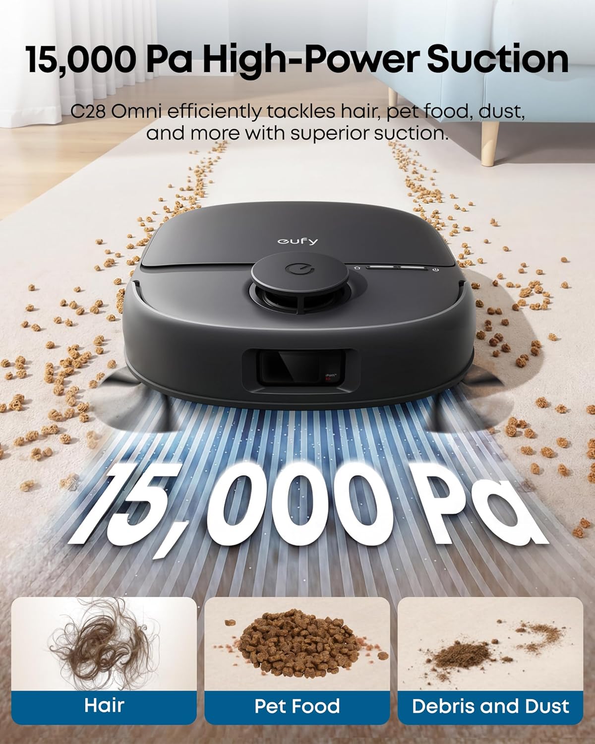 eufy Robot Vacuum C28, HydroJet™ Self-Cleaning Roller Mop, DuoSpiral™ Detangle Brush, 15,000 Pa Turbo High Suction, All-in-One Robot Vacuum