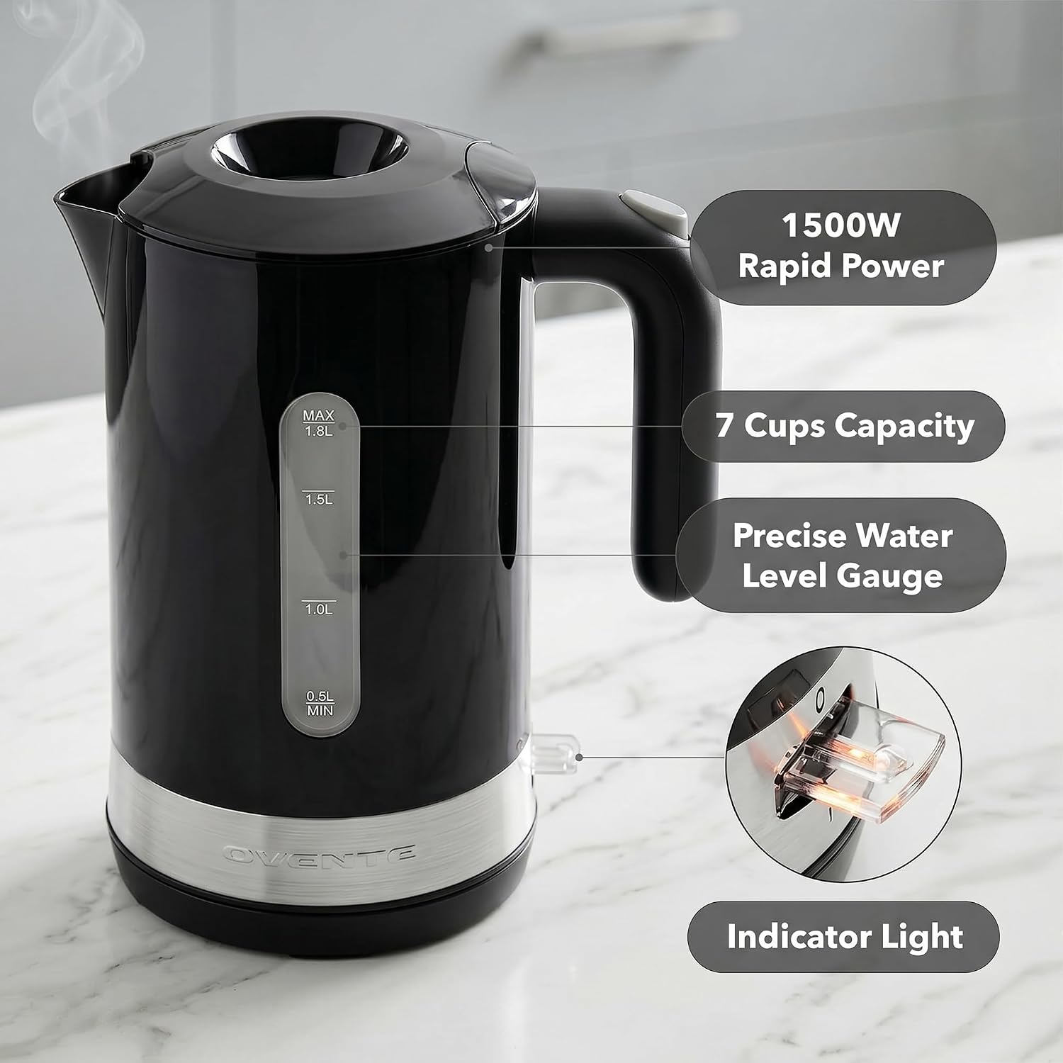 OVENTE 1.8L Electric Kettle, BPA-Free with Easy-Fill Lid, Black KP413B