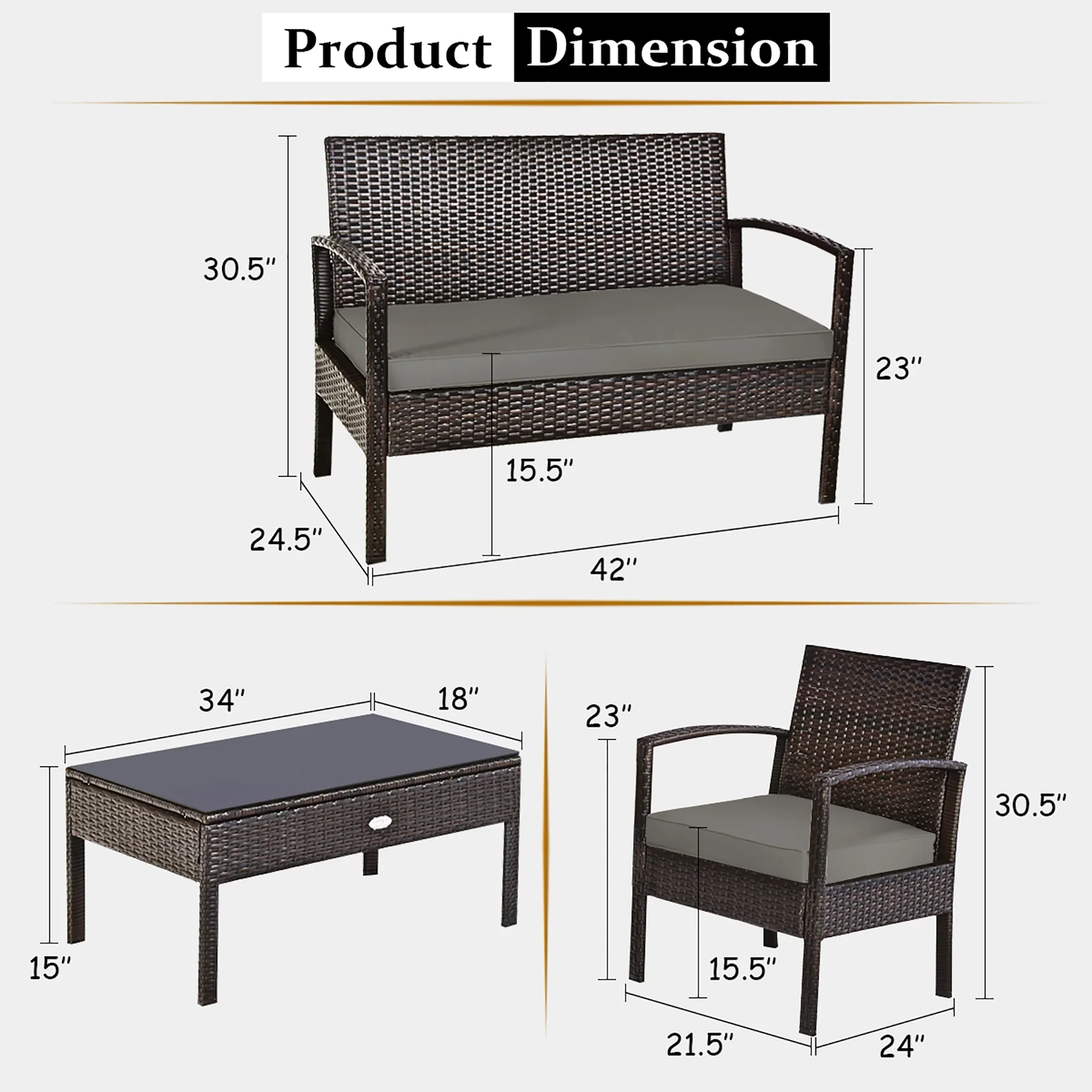 Costway 4PCS Patio Rattan Wicker Furniture Set Loveseat Sofa Cushioned Garden Yard Brown