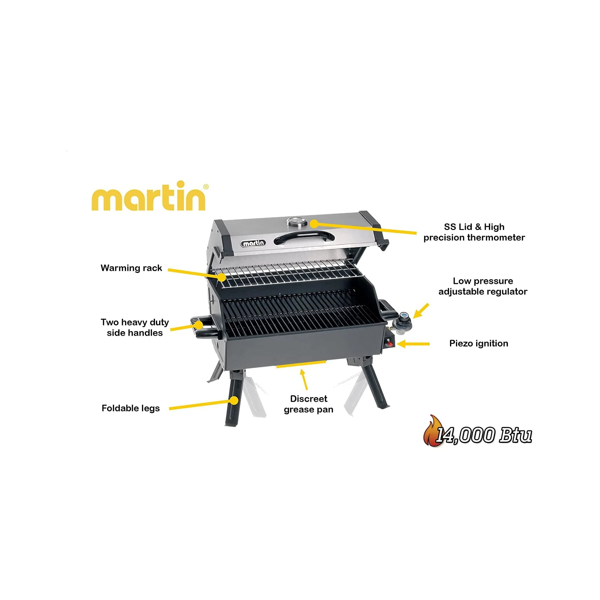 Martin 14,000 BTU Portable Propane Bbq Gas Grill with Support Legs Grease Pan Image 6