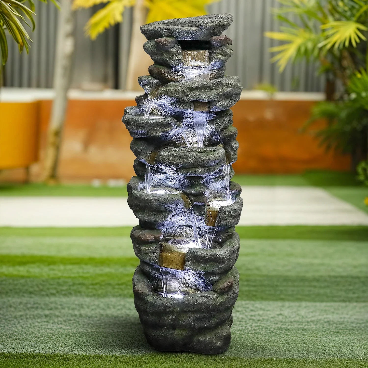 51 H Outdoor Water Fountain - 7-Tiers Rock Waterfall Fountain with LED Lights for Home Garden Decor
