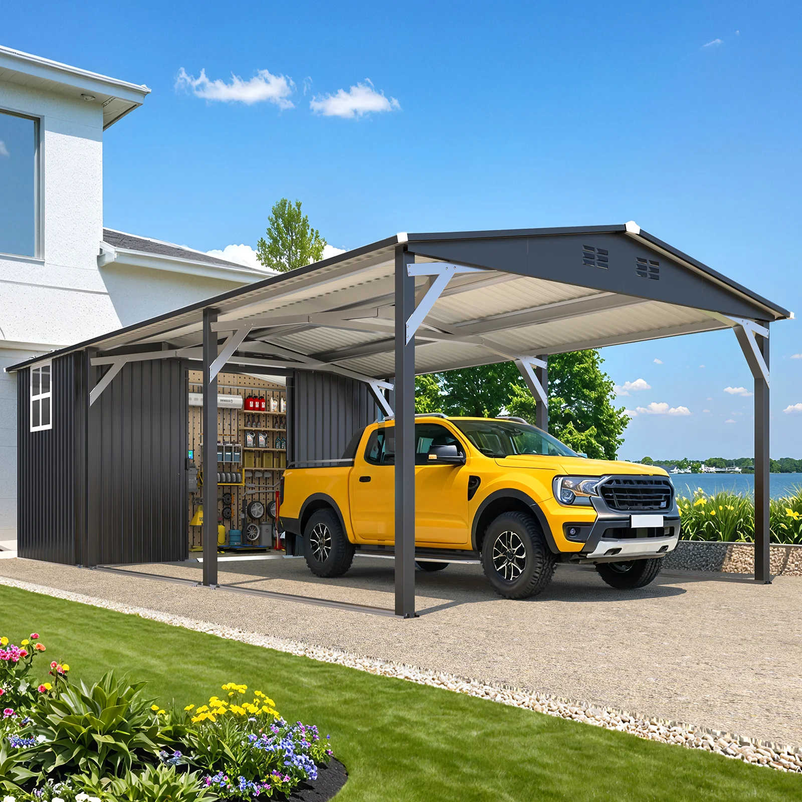 AECOJOY 12x22 Metal Carport with Storage Sheds, Outdoor 12' x 17' Portable Garage Gazebo RV Car Tent with 12' x 6' Storage Sheds