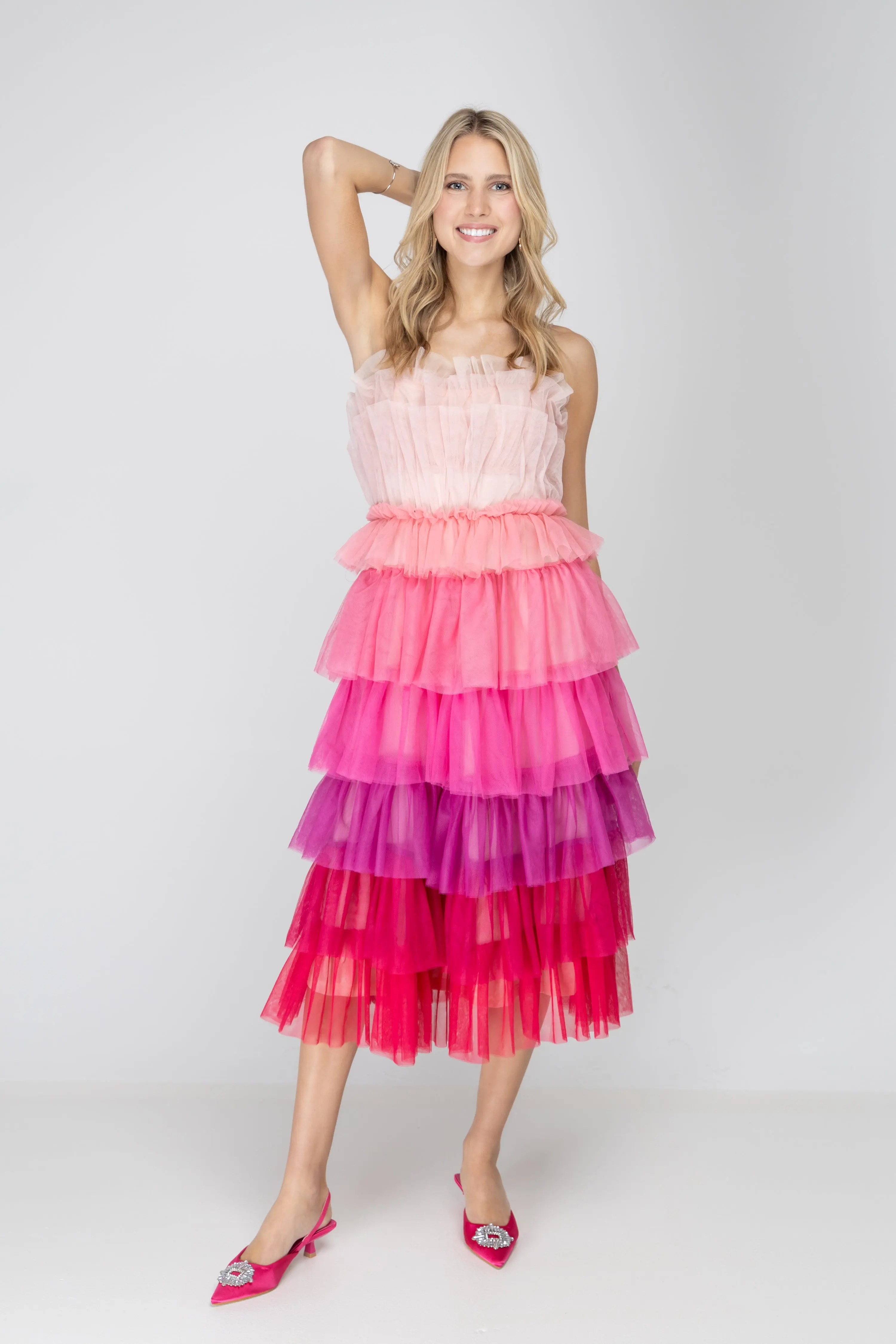 Pink Ombre Tulle Midi Dress