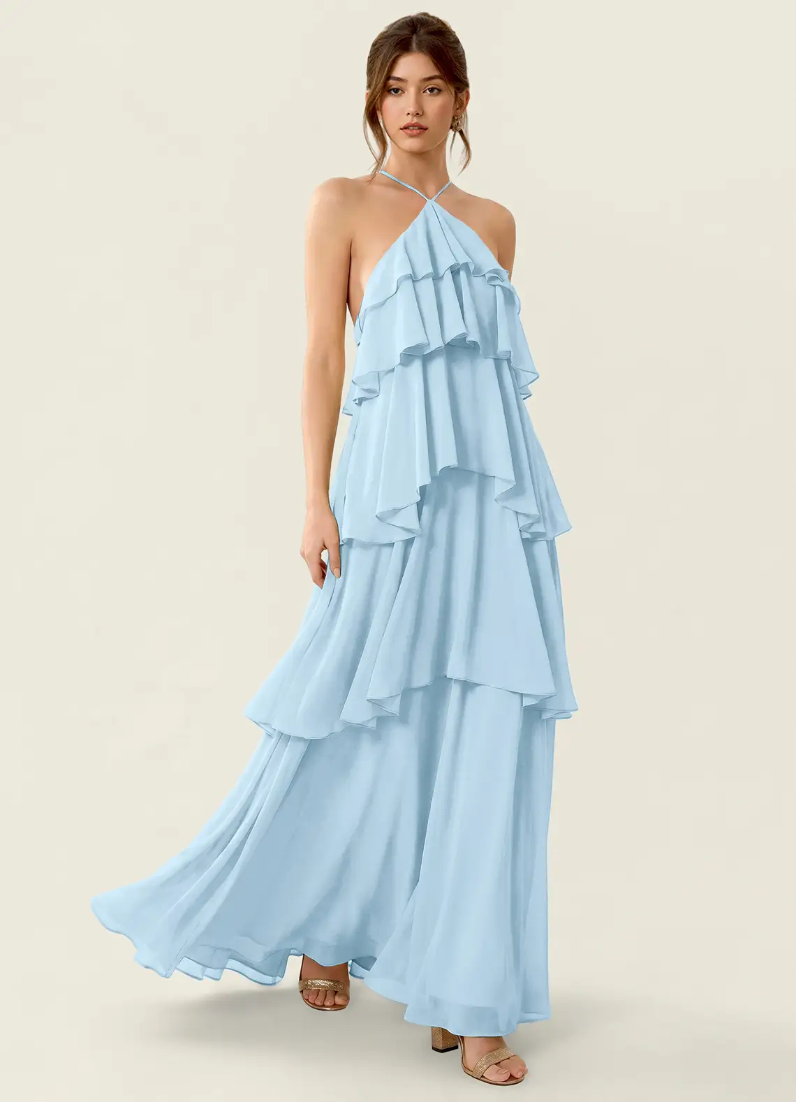 Nevieve Sky Blue Satin Faced Chiffon Ruffles Vacation Dress