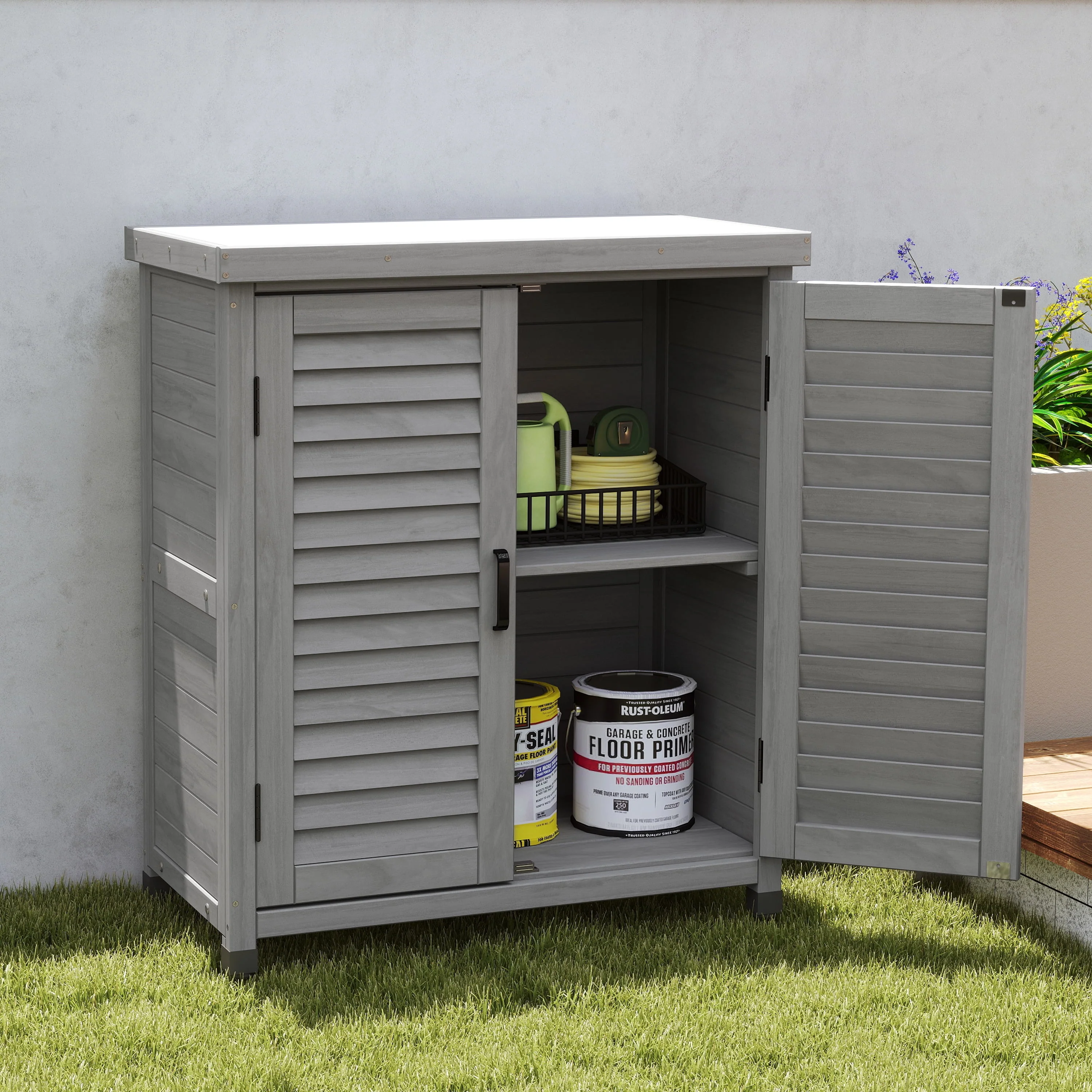 RONSHIN Solid Wood Outdoor Storage Shed with Metal Roof - Backyard Garden Tool Cabinet