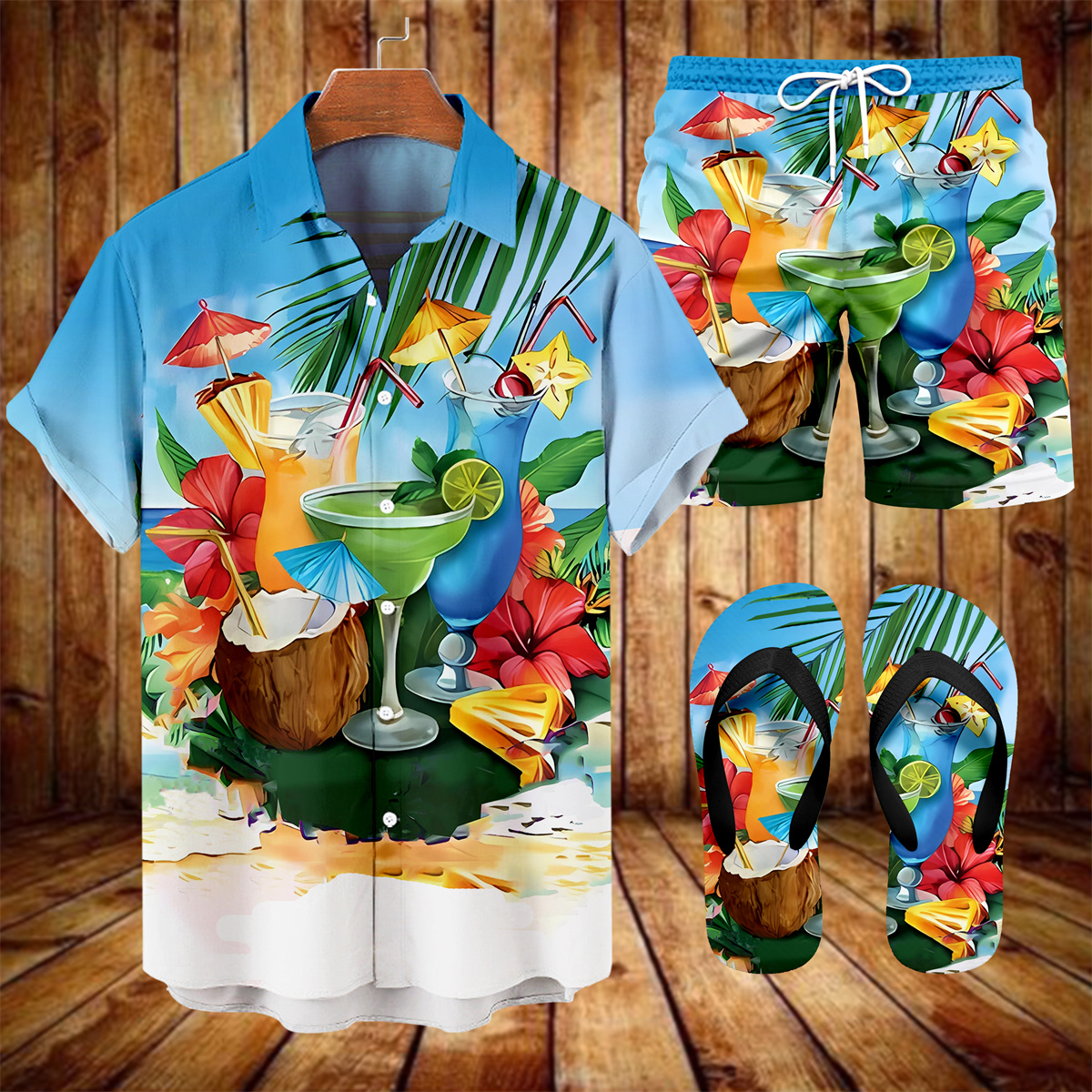 Ensemble trois pièces Suitmens pour homme, chemise hawaïenne Tiki, réf. 047