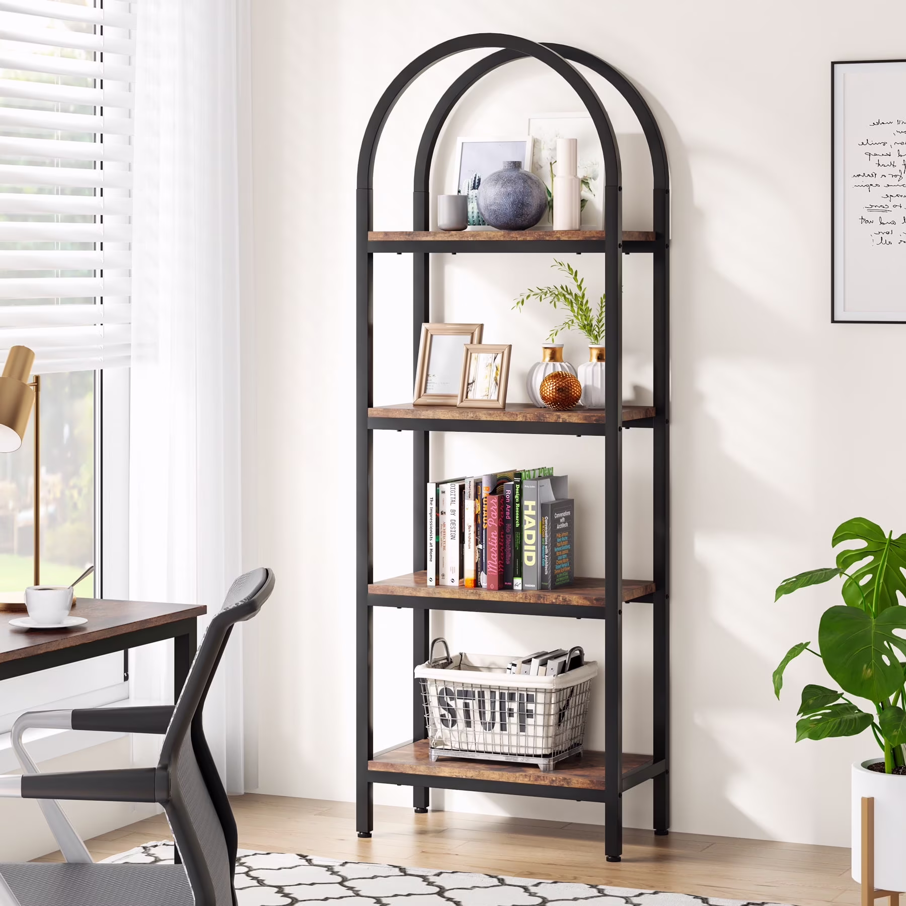 70.8" Industrial 4-Tier Bookshelf: Wood and Metal Display Rack (Black, 2PCS)(4-Tier Black) - Image 5