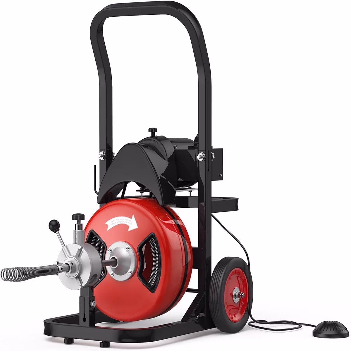 75 FTx1/2 Inch Drain Cleaning Machine, Auto Feed Sewer Snake Drill with Wheels, Pipe Spiral Cleaner with 4 Cutters and Pneumatic Foot Switch, for 2" to 4" Pipes(75Ft x 1/2)