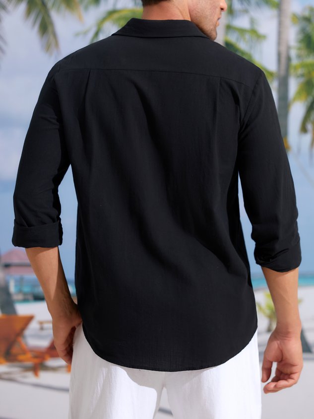 Chemise décontractée à manches longues en coton et lin pour homme, avec poche