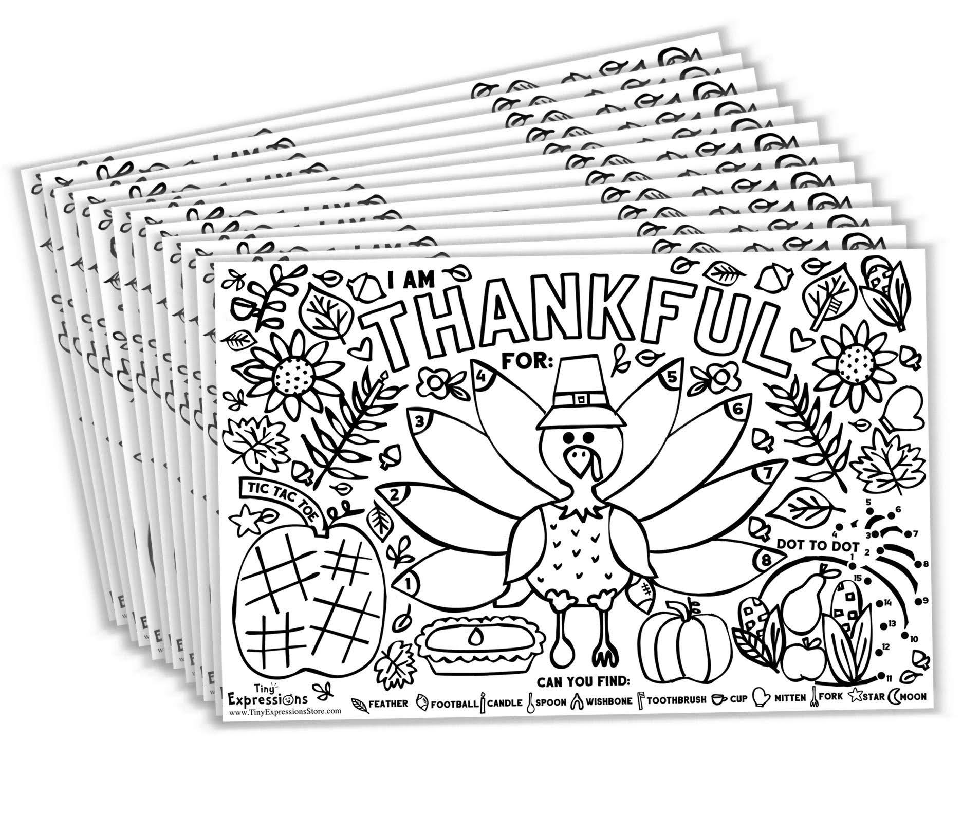 Tiny Expressions - Fall Thanksgiving Placemats for Kids (Pack of 12 Turkey Placemats) | Coloring Activity Paper Table Mats for Children to Write