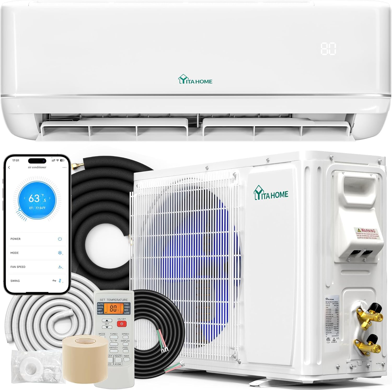 YITAHOME 18000 BTU Mini Split Air Conditioner Heat Pump System, WiFi Enabled 21 SEER2 208-230V Inverter Ductless AC Compatible with Alexa, Cool Up to 1250 Sq. Ft, Complete Installation Kit, 1.5 Ton