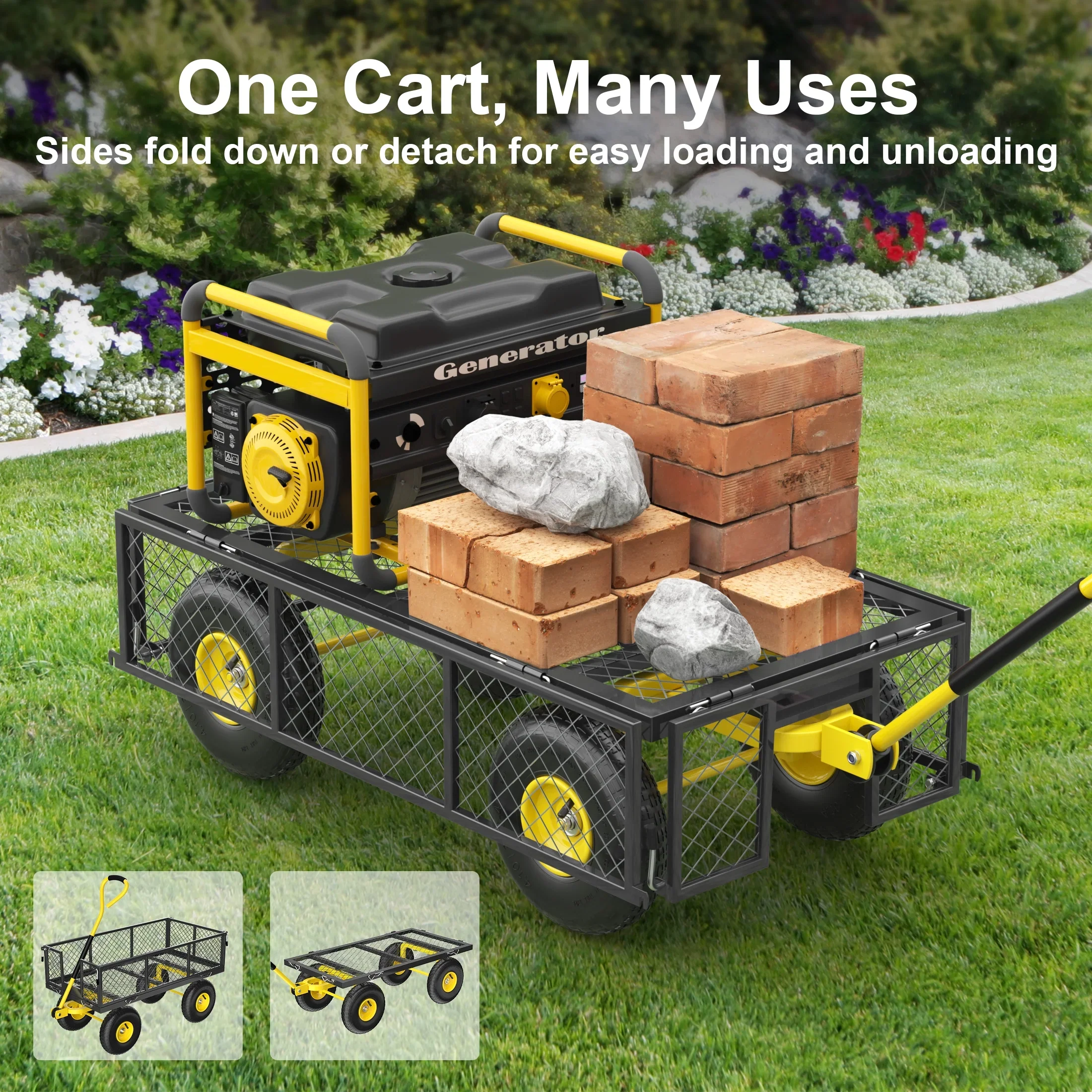 Firstness Heavy Duty Garden Cart, 900 lbs Capacity Garden Wagon with Removable Sides, Black