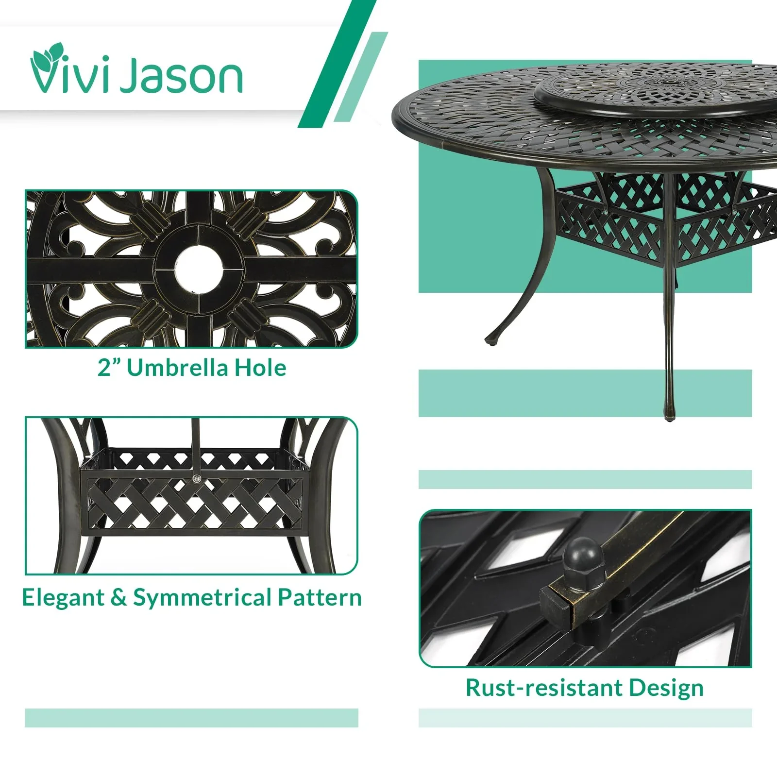 VIVIJASON 9-Piece Patio Dining Set, Rust-Free Cast Aluminum Outdoor Furniture Set, 8 Patio Dining Chairs and 61 Round Dining Table with 31 Lazy Susan, Umbrella Hole for Backyard, Patio, Garden