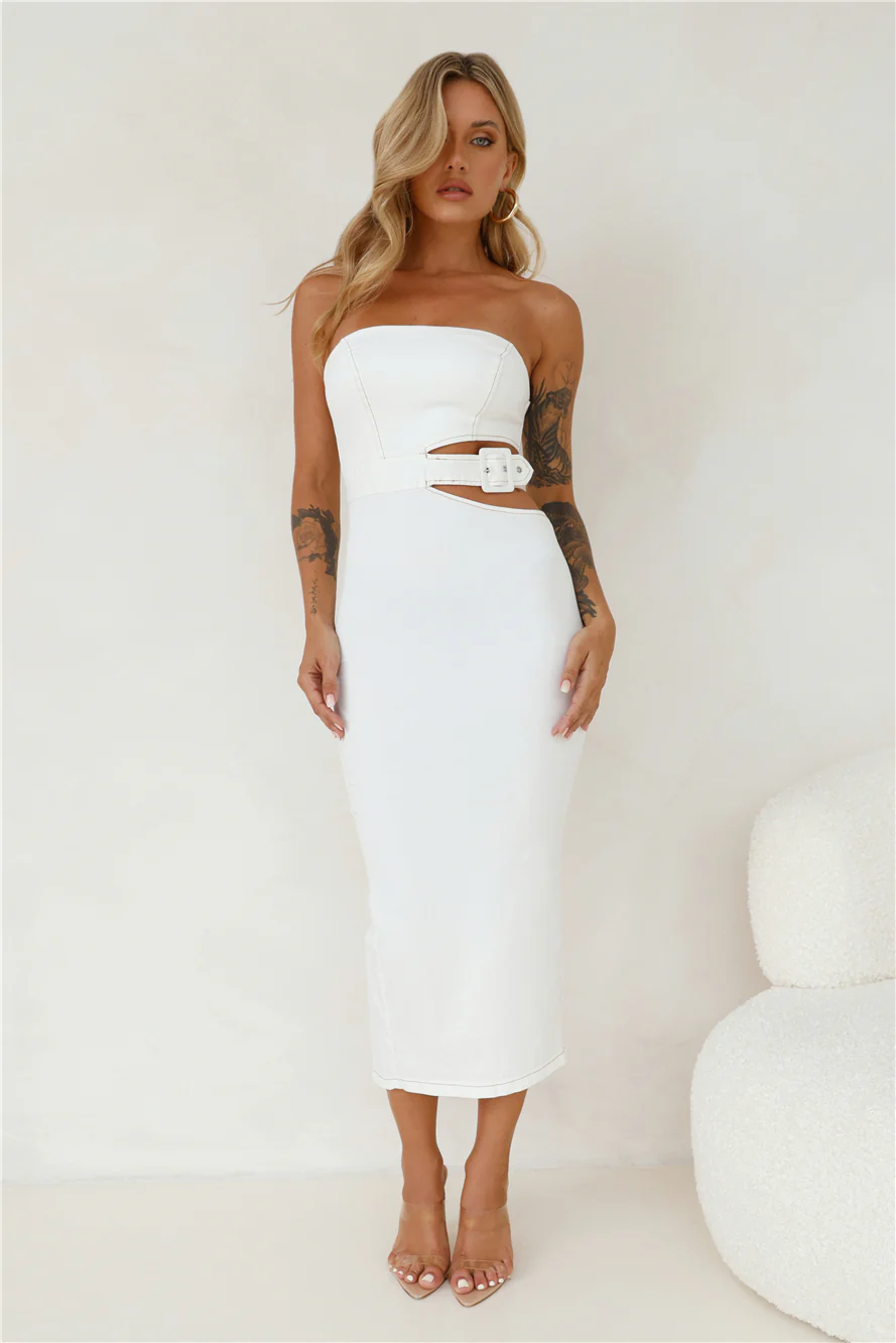 Online Chat Strapless Denim Midi Dress White