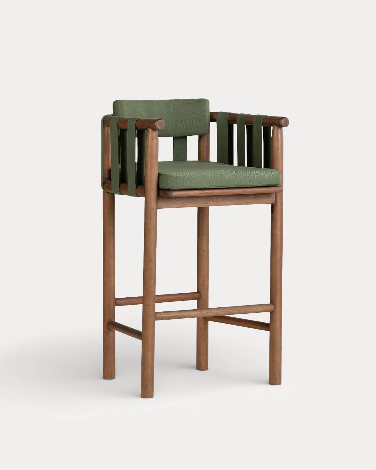 Edvard - Set de Mesa Alta (70x70 cm) y 4 Taburetes Altos de Madera de Eucalipto y Tela de Exterior Edvard