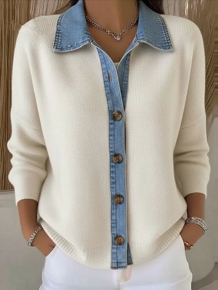 Pull en maille avec col en jean effet superposé
