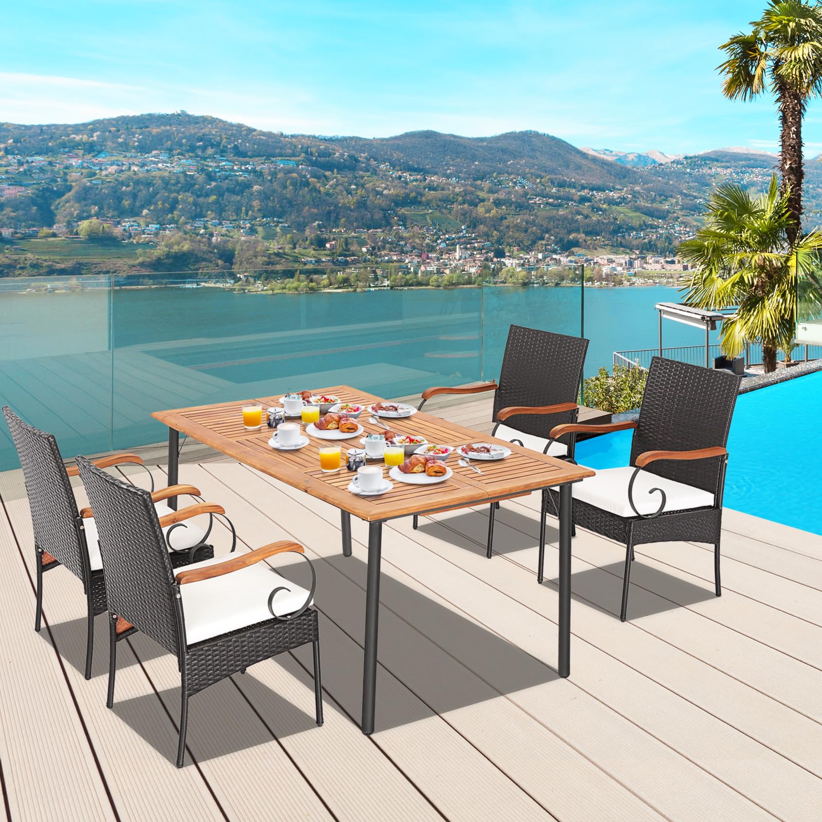 Tangkula 5-Piece Outdoor Dining Set with Acacia Wood Table & 4 Wicker Rattan Armrest Chairs