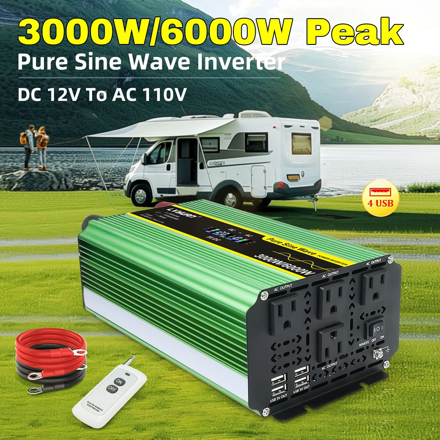LVYUAN 3000watts Pure Sine Wave Power Inverter DC 12V to AC 110V 120V Converter 4USB 4AC LCD Display with Remote Control