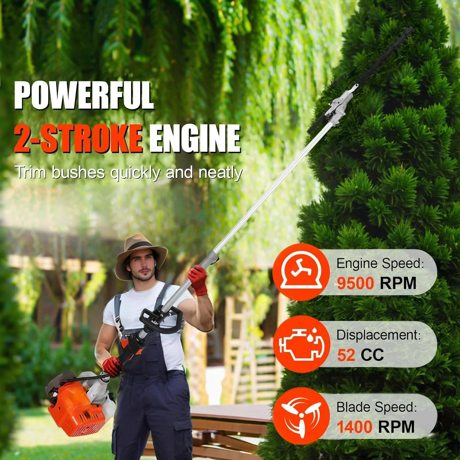 WETS 5 in 1 Garden Hedge Trimmer Combo,  52cc 2-Stroke Gas Powered Long Reach Pole Saw Grass String Trimmer Brush Tree Cutter Pruner Weed Eater Multi Functional Garden Trimming Tools