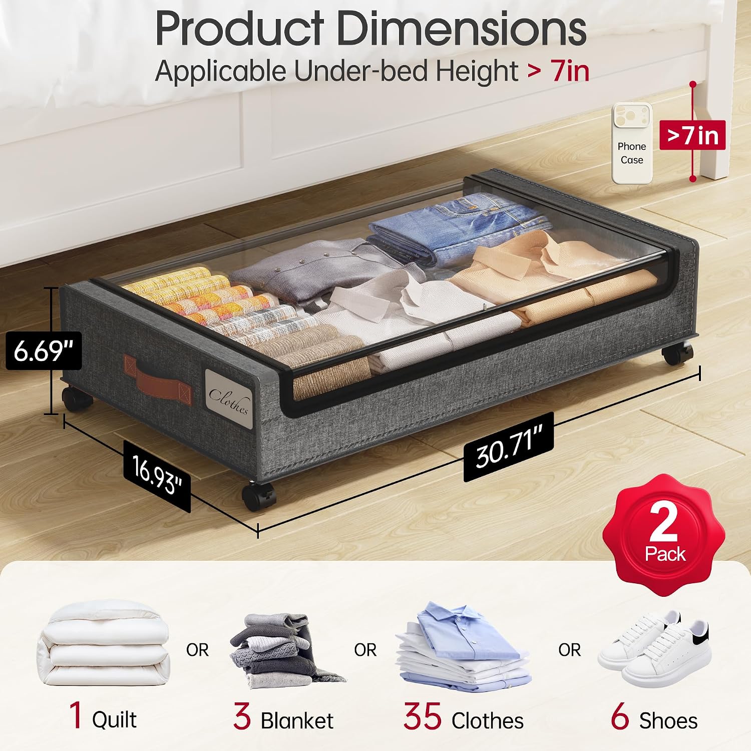 Yecaye Under Bed Storage with Wheels, 2-Pack Under Bed Storage Containers, Underbed Shoe Storage Organizer, Rolling Under Bed Metal Drawers for Clothes, Blankets (30.71 x 16.93 x 6.69 in)