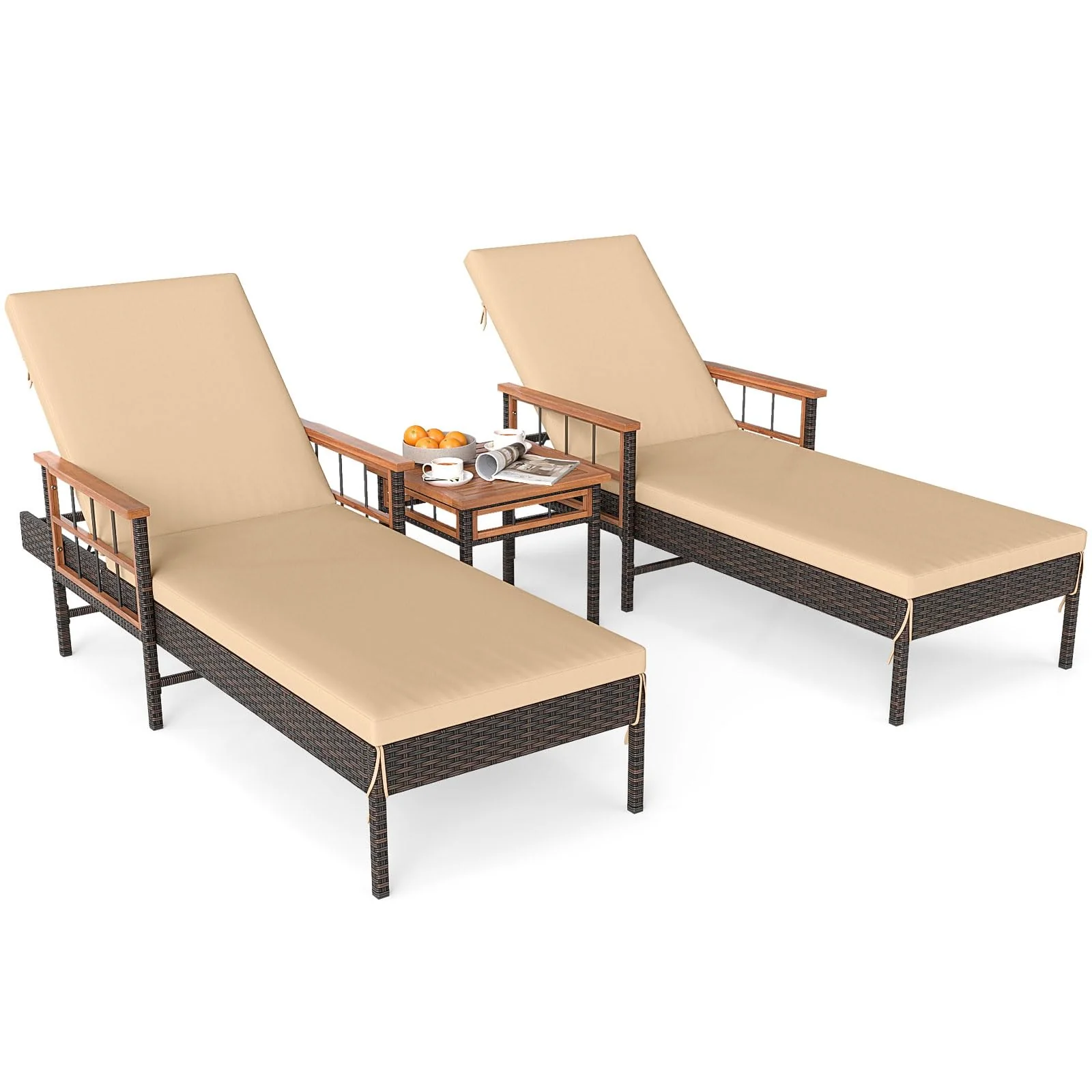 Tangkula 3 Pieces Patio Chaise Lounge Set 2 Rattan Lounge Chairs Side Table