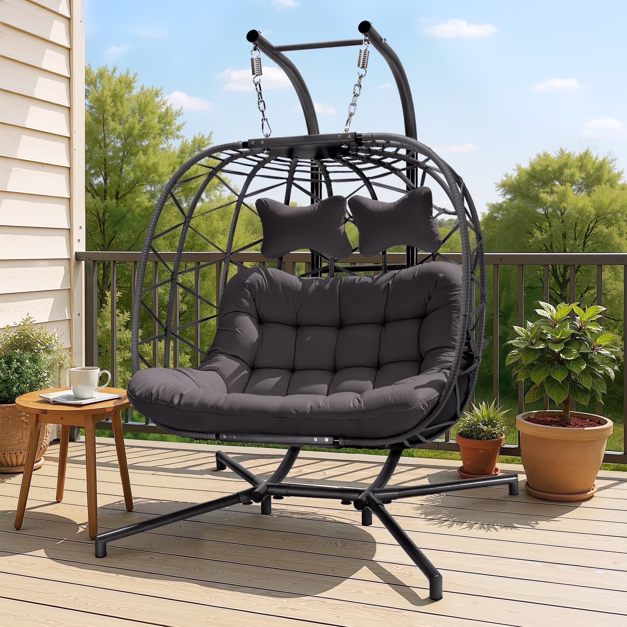 Double Wicker Egg Swing Chair with Stand, 2-Person Hanging Egg Chair for Indoor/Outdoor, 700lbs Capacity, Thick Cushions Headrest,Sturdy Metal Frame��Dark Gray(Style A- Dark Gray)