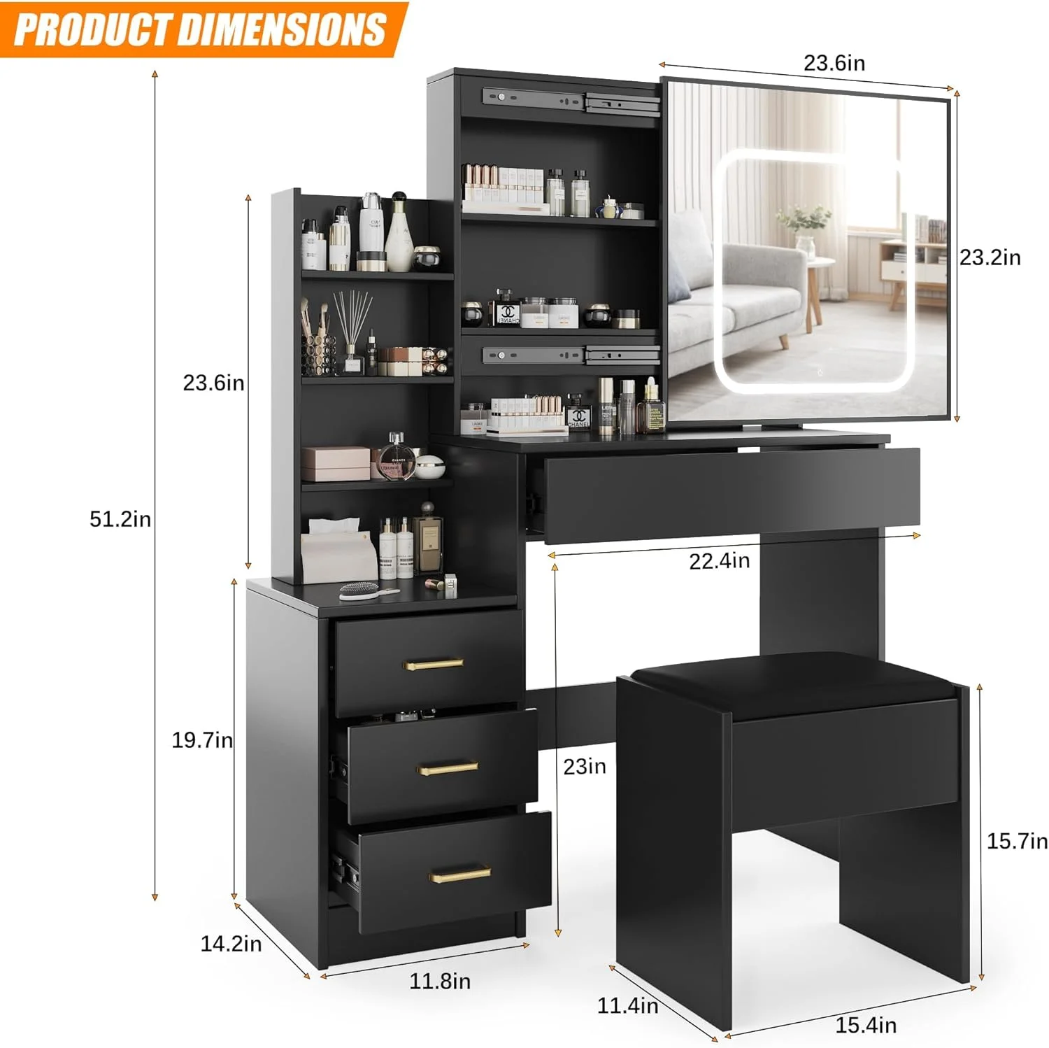 Vanity Desk with Sliding Mirror and Lights, Makeup Vanity Set with Power Outlet, 4 Drawers, Stool, Open Shelves, 3 Color Lighting Modes, Brightness Adjustable, Makeup Dressing Table for Bedroom(black) - Image 4