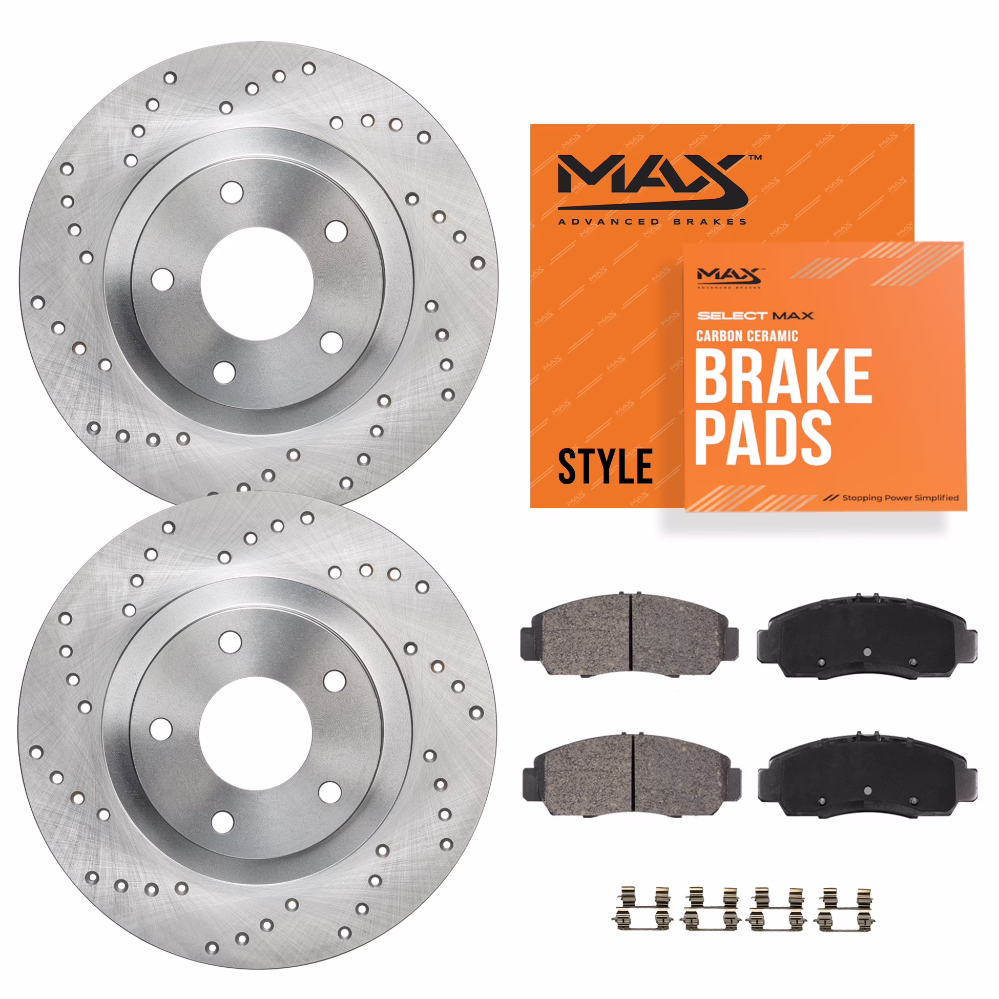 Max Advanced Brakes - Brake Kit for 2006-2011 2012 2013-2018 Dodge Ram 1500 5 Lug 2007-2009 Dodge Durango Front Replacement Cross Drilled Disc Brake Rotors and Ceramic Brake Pads(StyleMax Brake Kit)