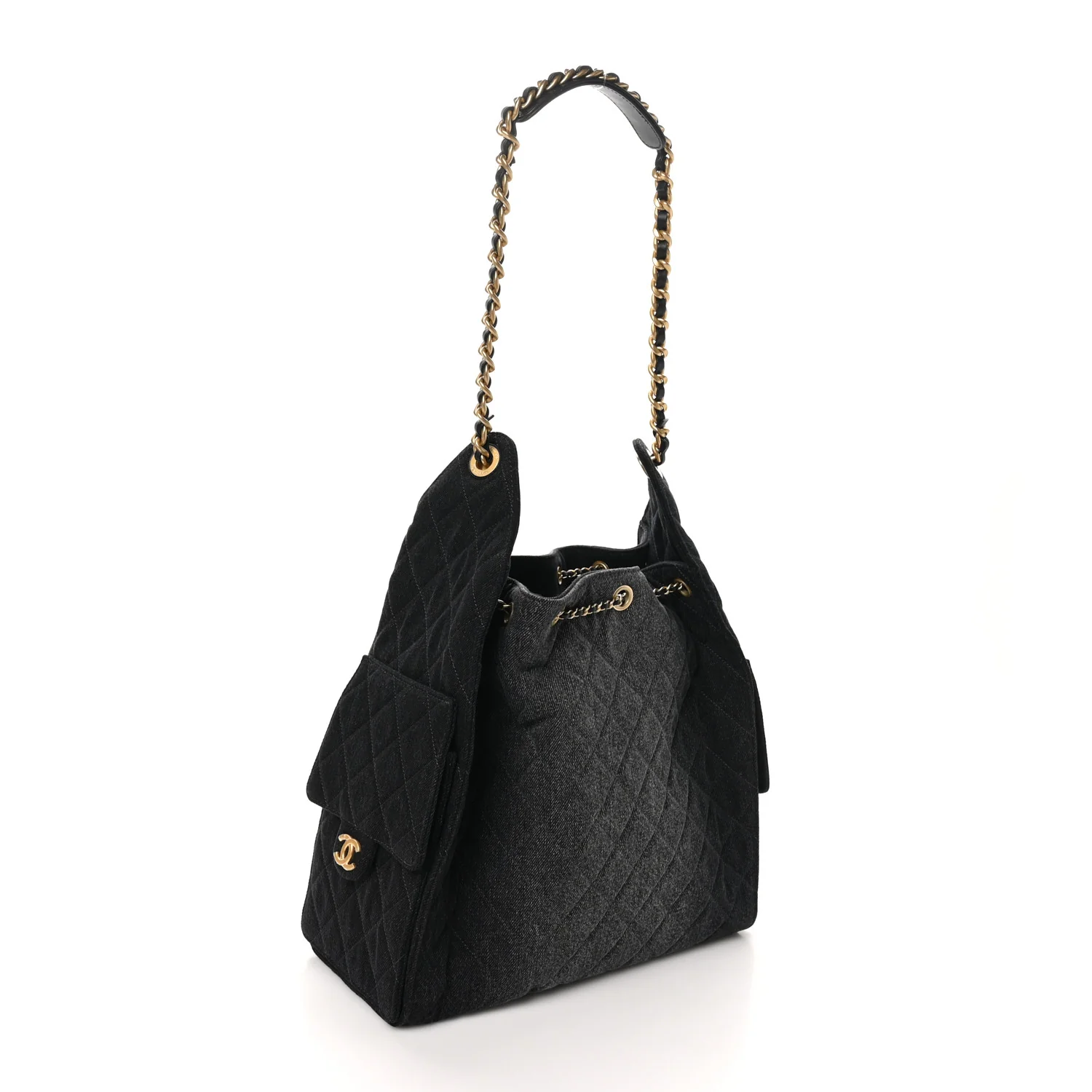 Washed Denim Quilted Medium Chanel 25 Handbag Black