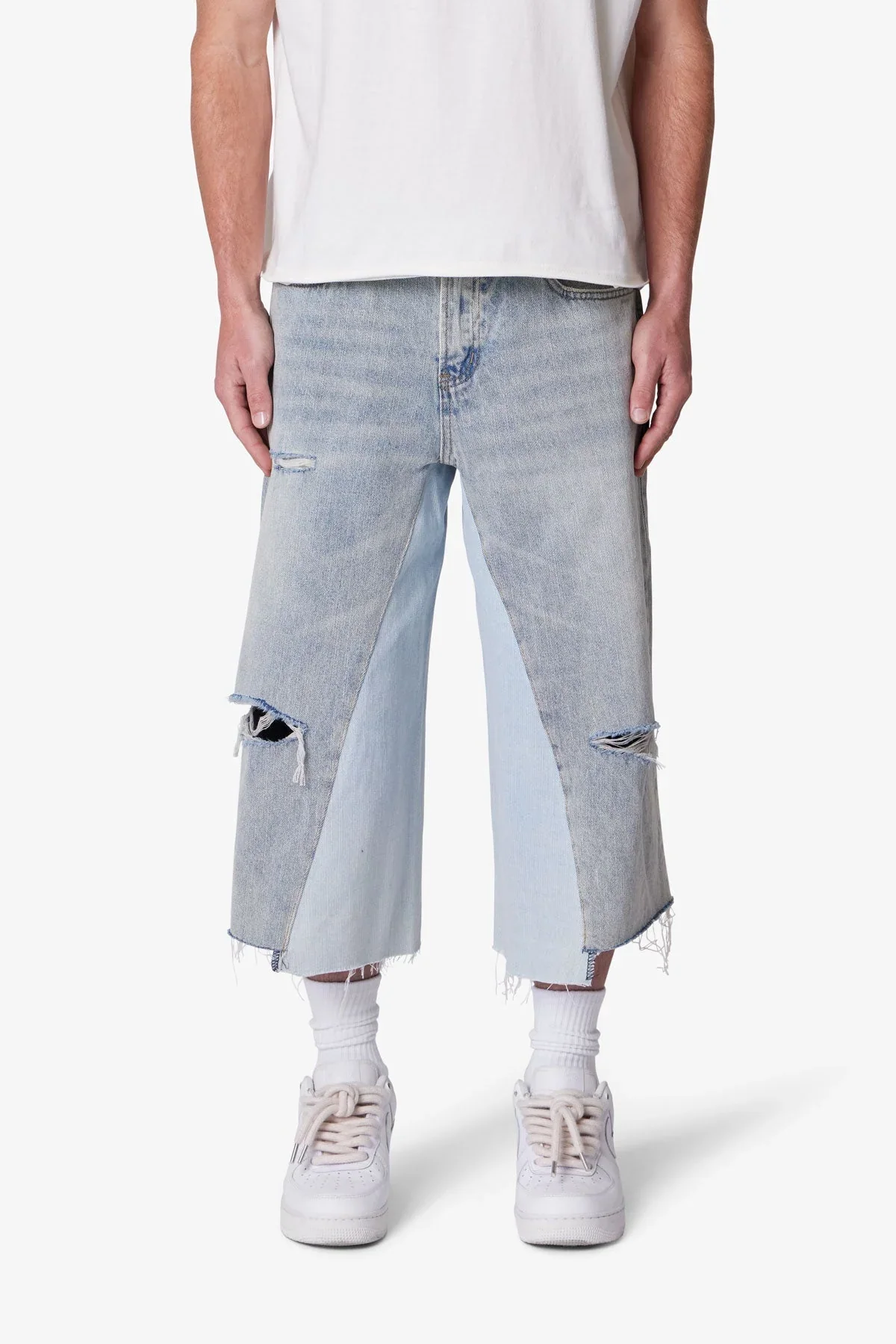Paneled Denim Shorts - Washed Light Blue