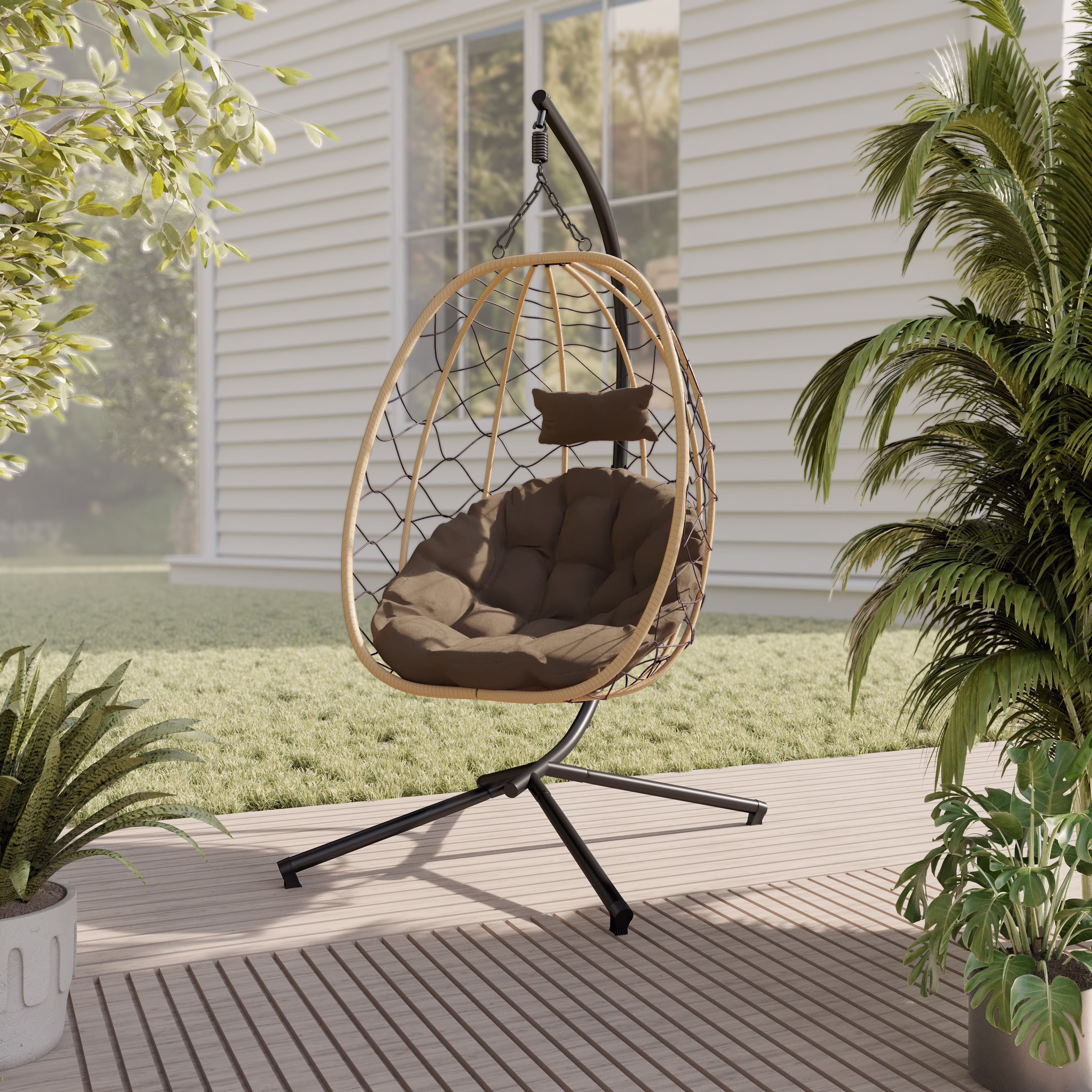 Single Person Egg Swing Chair Powder-Coated Iron Stand in Black and Steel Chains with Removable Cushions Summit Collection in Charcoal(Charcoal) - Image 9