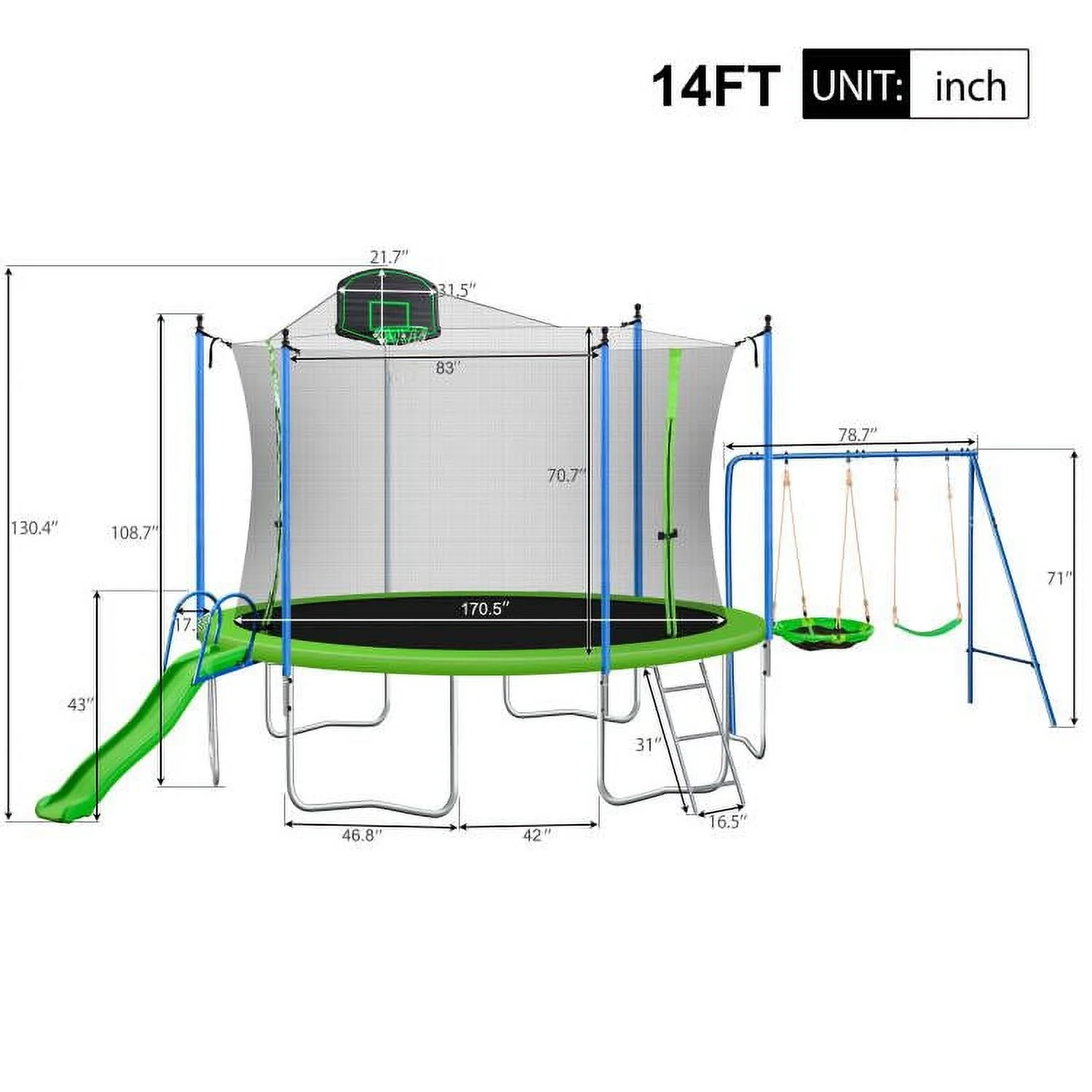 14-Feet Round Trampoline with Swing Slide Basketball Hoop, Outdoor Exercise Jumping Bouncer Trampoline with Safety Enclosure Net and Ladder for Kids Teens Adults, Green(14') - Image 8
