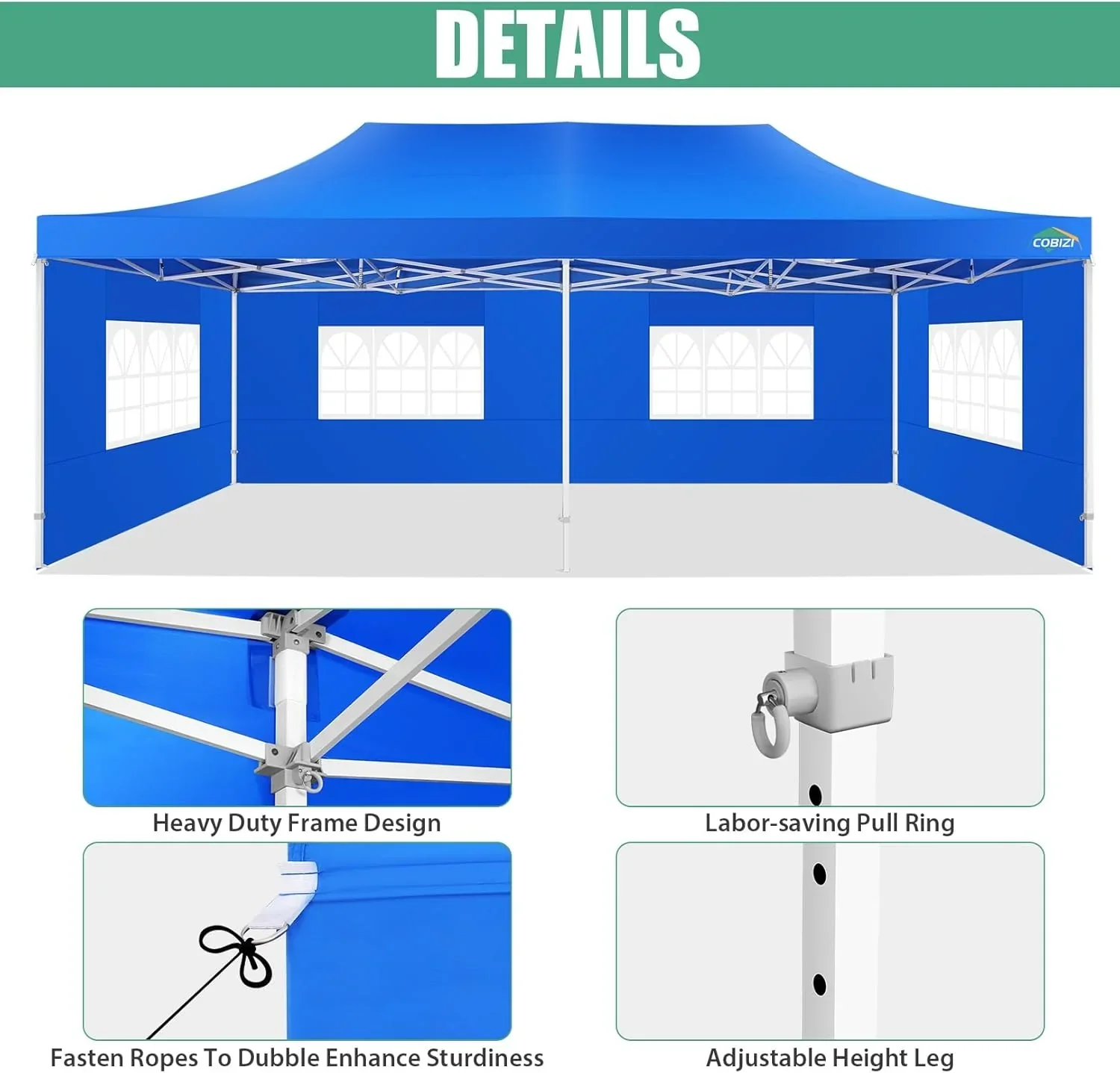 Tente pliante robuste COBIZI 10x20, 6 parois latérales, pour événements commerciaux, mariages et réceptions