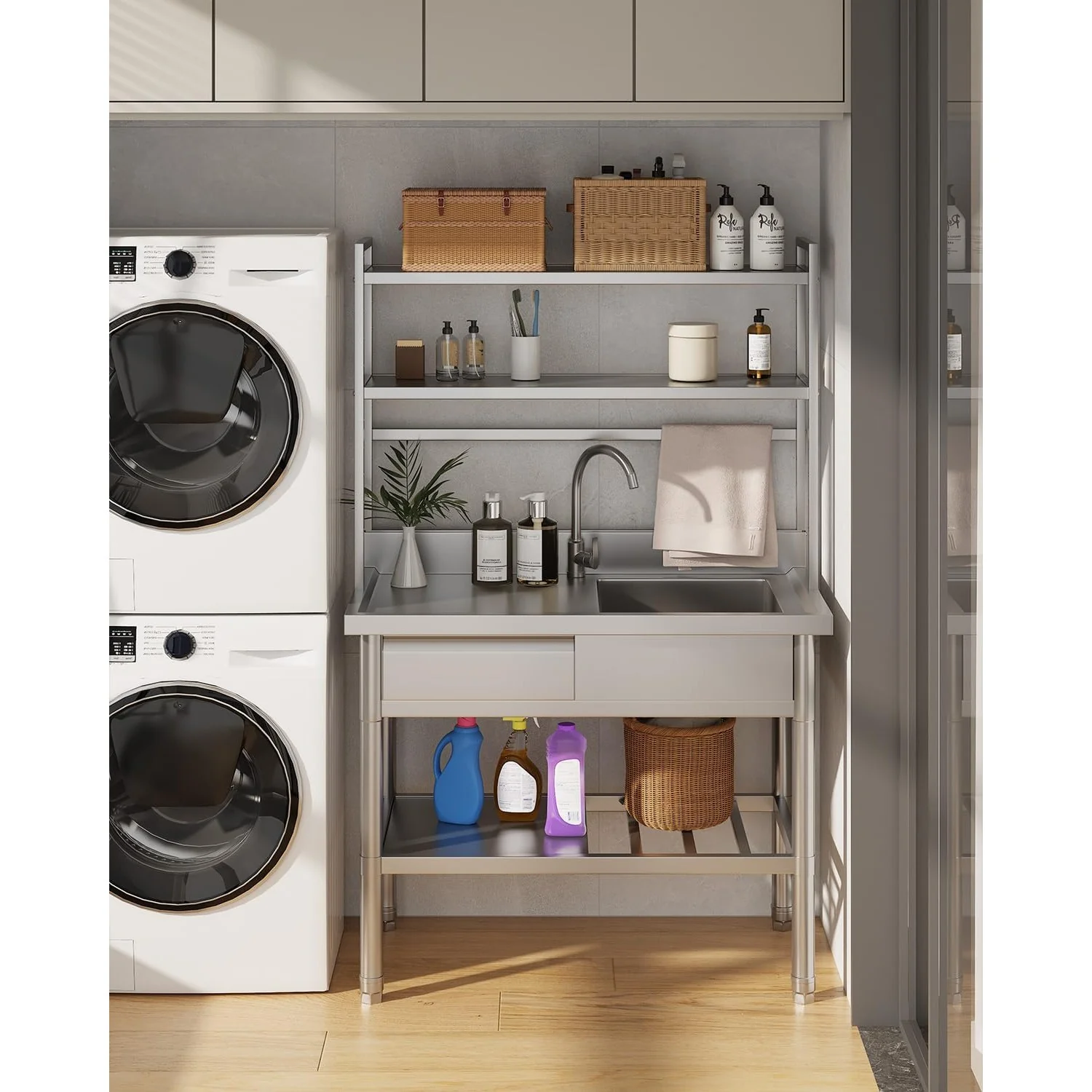 AECOJOY Stainless Steel Utility Sink with Shelves, Free Standing Single Bowl Commercial Kitchen Sinks