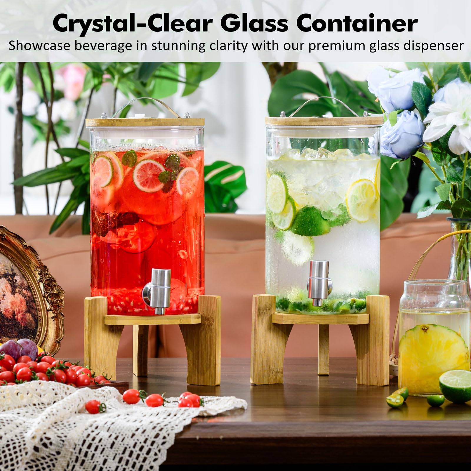 1.2 Gallon Large Glass Drink Dispenser For Parties, Beverage Dispenser with Bamboo Wood Stand and Stainless Steel Spigot, Juice, Lemonade, Water jug dispenser, Laundry Detergent Dispenser (2 PACK)