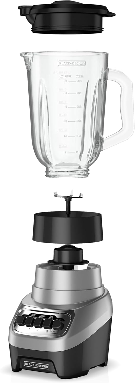 BLACK+DECKER PowerCrush Multi-Function Blender dengan Wadah Kaca 6-Cup, 4 Pengaturan Kecepatan, Perak