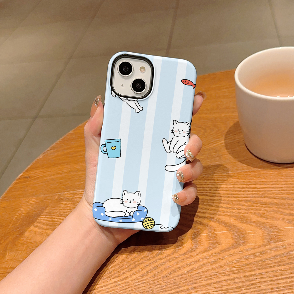 Cute blue and white striped kitten pattern phone case, two-in-one glossy film material, compatible with all iPhone models 11 12 13 14 15 16 17 Pro Max - wanlinfang