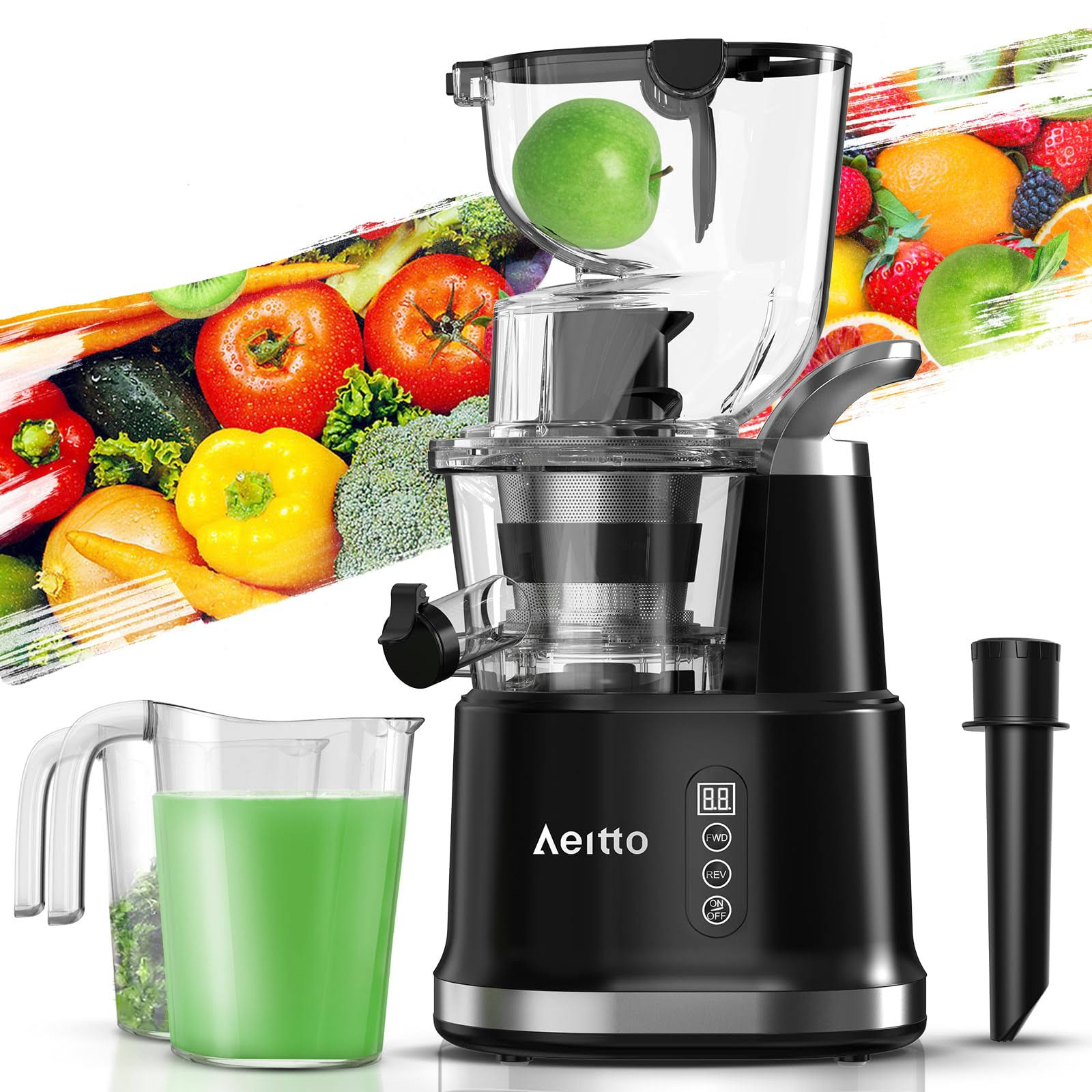 Aeitto Cold Press Slow Juicer, Portable Big Wide 81mm Chute LED Display Masticating Juicer for Nutrient Fruits and Vegetables, Vertical