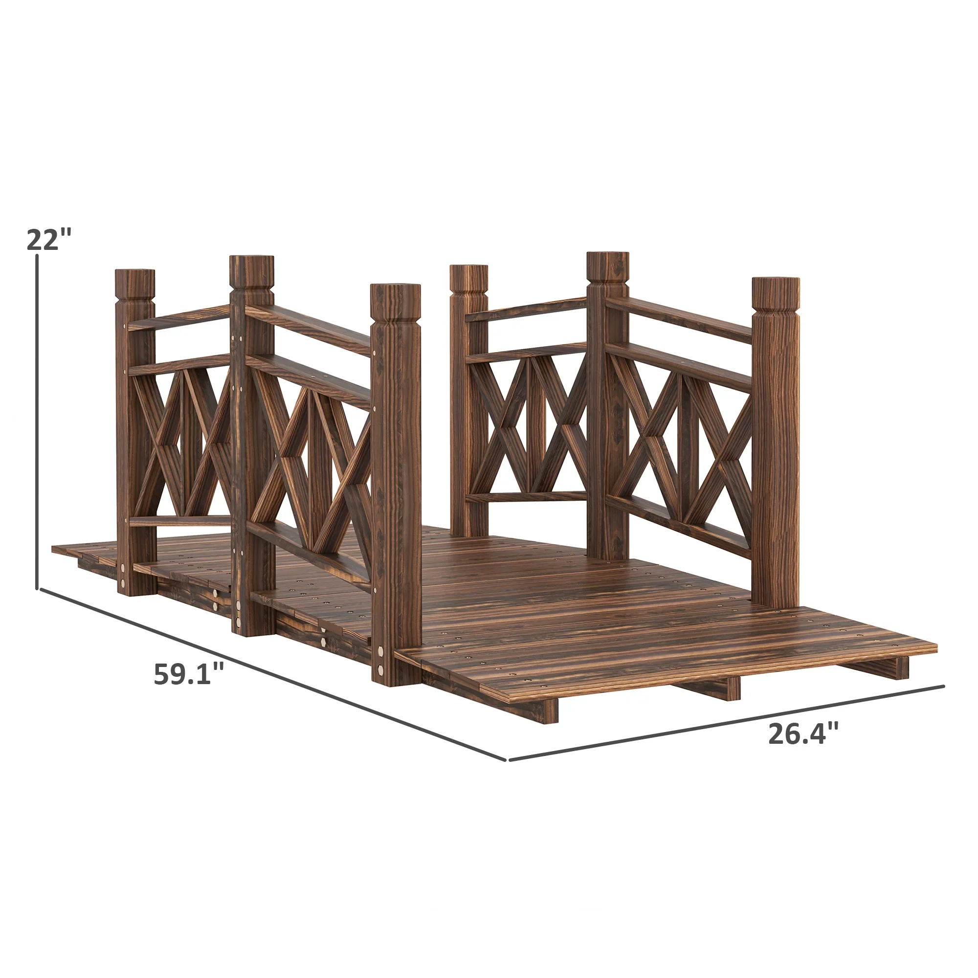 QISHENSHUI 5 ft. Sturdy Natural Wood Garden Bridge �C Premium Timber Construction with Solid Safety Handrails for Backyard Paths, Small Ponds & Garden Water Features, Carbonized