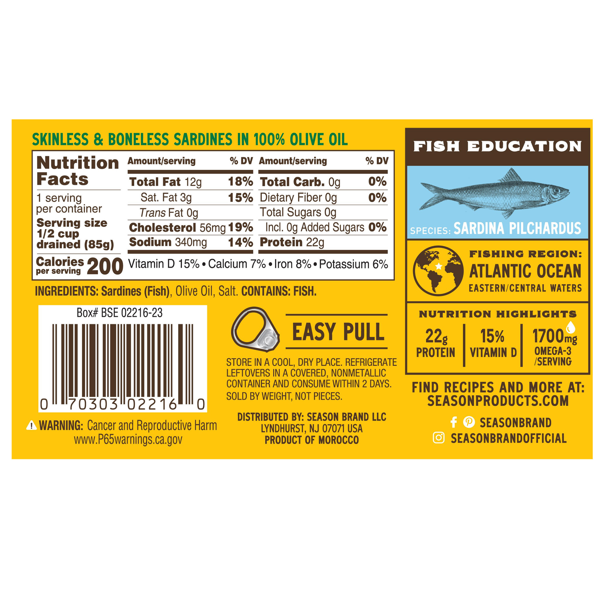 Season Sardine Fillets in 100% Olive Oil, Wild Caught, Skinless & Boneless, 4.375 oz, 6 - Count
