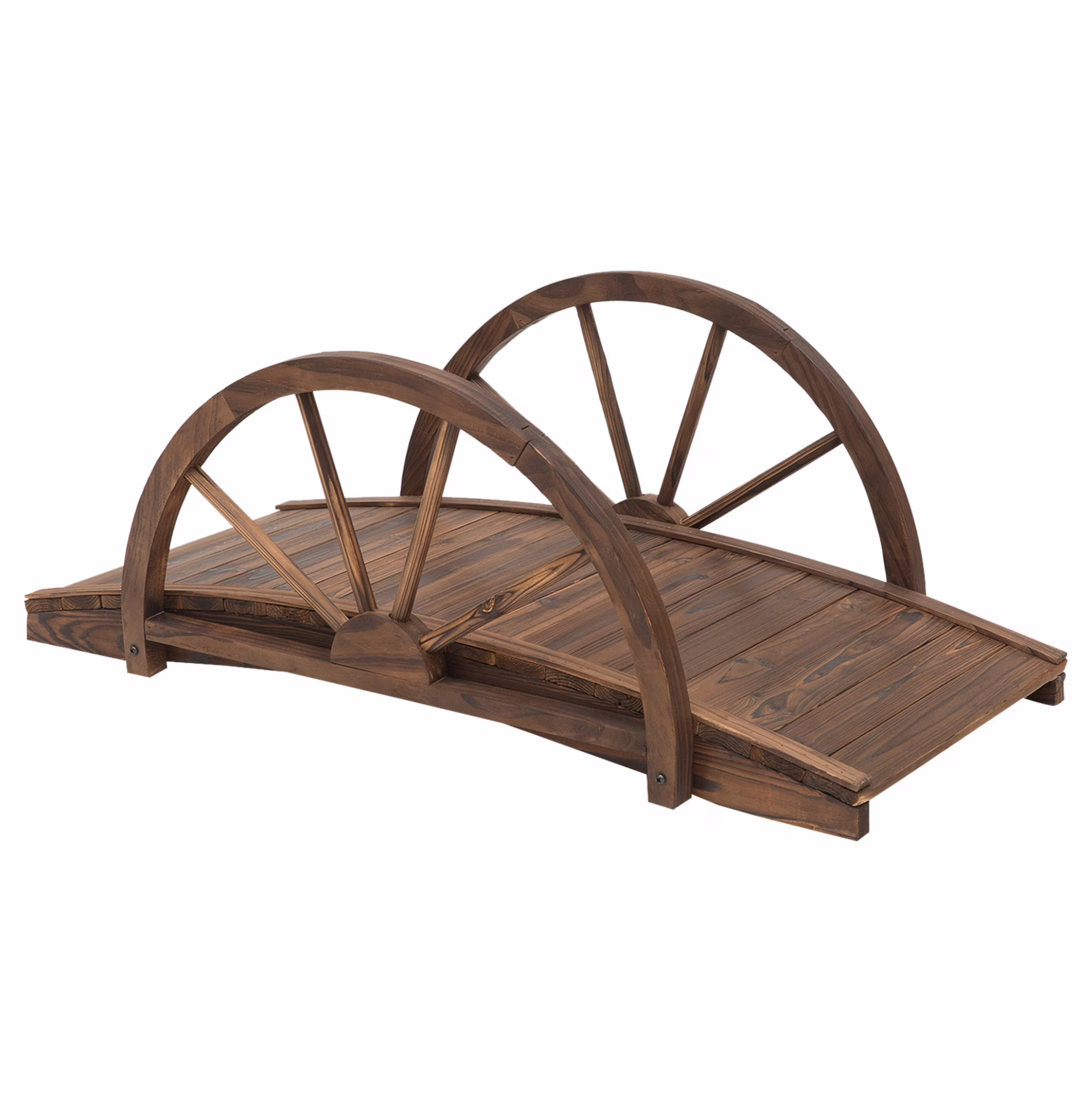 3.3ft Wooden Garden Bridge Arc Footbridge with Half-Wheel Style Railings & Solid Fir Construction, Stained Wood Brown + Wood