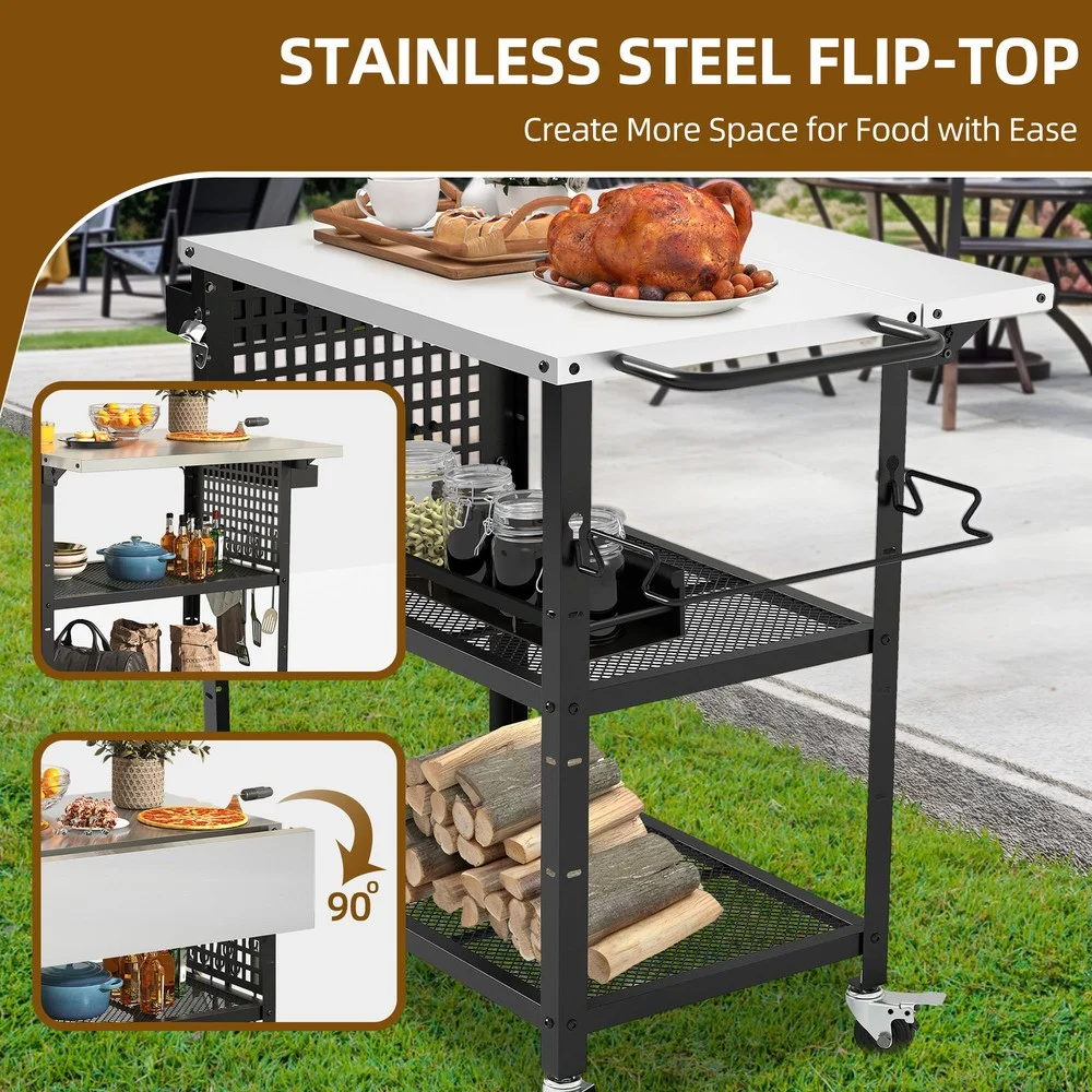 31.5''L x 27.6''W Outdoor Grill Cart Pizza Oven Table w/ 3-Tier Adjustable Shelf