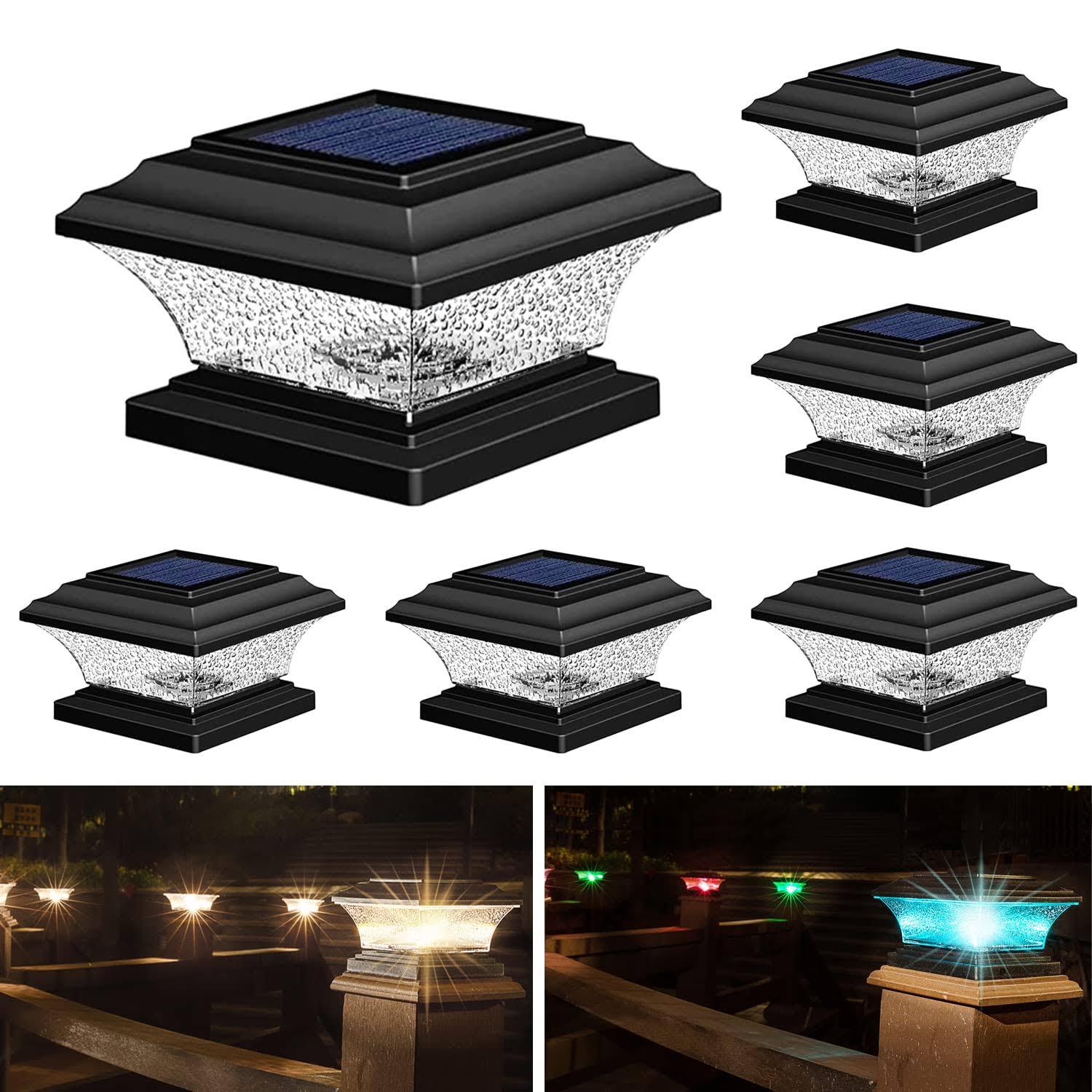 HUYIENO Solar Post Cap Lights Outdoor LEDING Deck Fence Light Two Light Modes Warm White 7 RGB Color Changing Suitable for 4x4 at MechanicSurplus.com HY1238-6