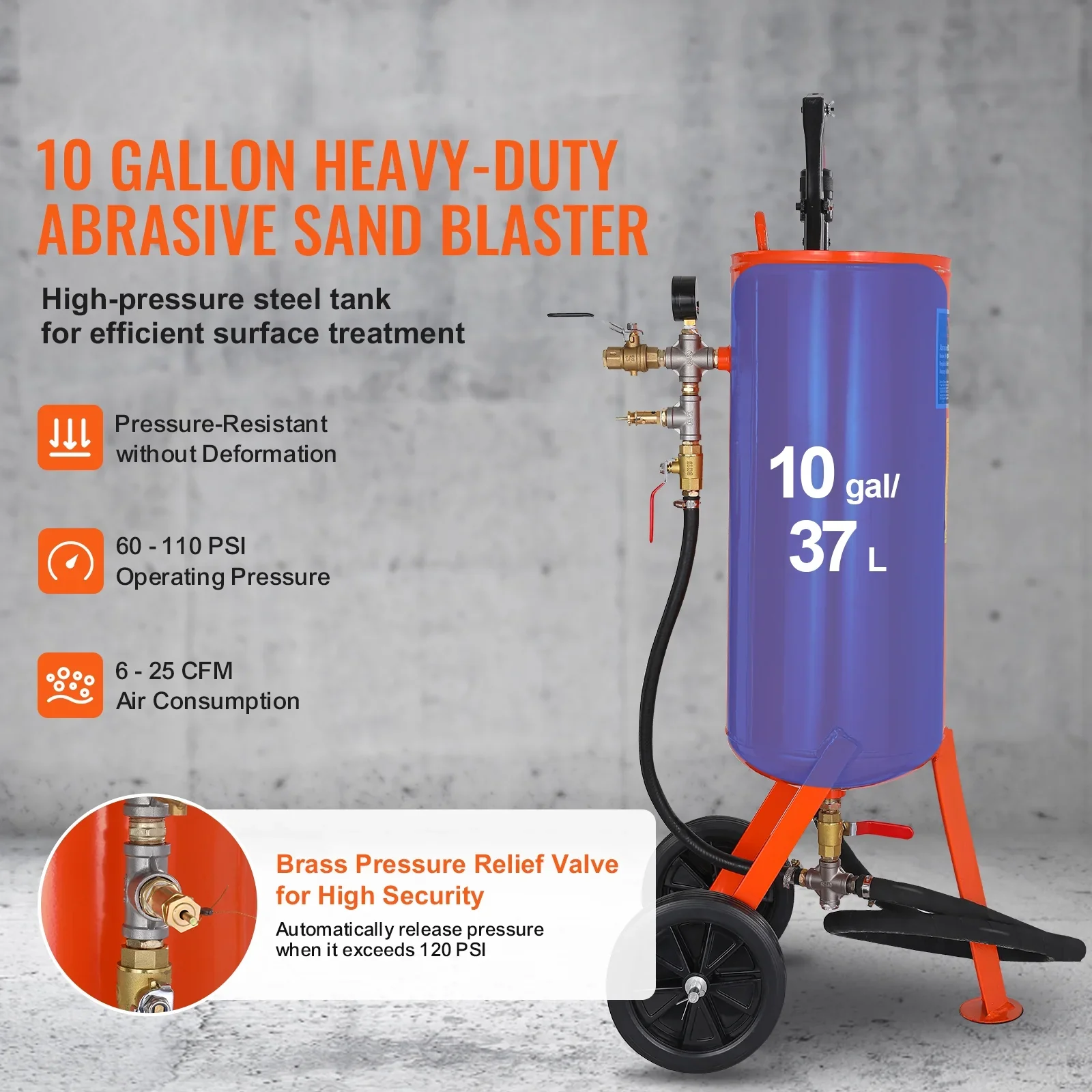 SKYSHALO 10 Gallon Durable Sand Blaster, 60-110 PSI Pressure Sandblaster, Mobile Abrasive Blasting Unit, Air Sand Blaster Kit with 2 Ceramic Nozzles & 7.5ft Hose for Removing Stain, Rust, Paint
