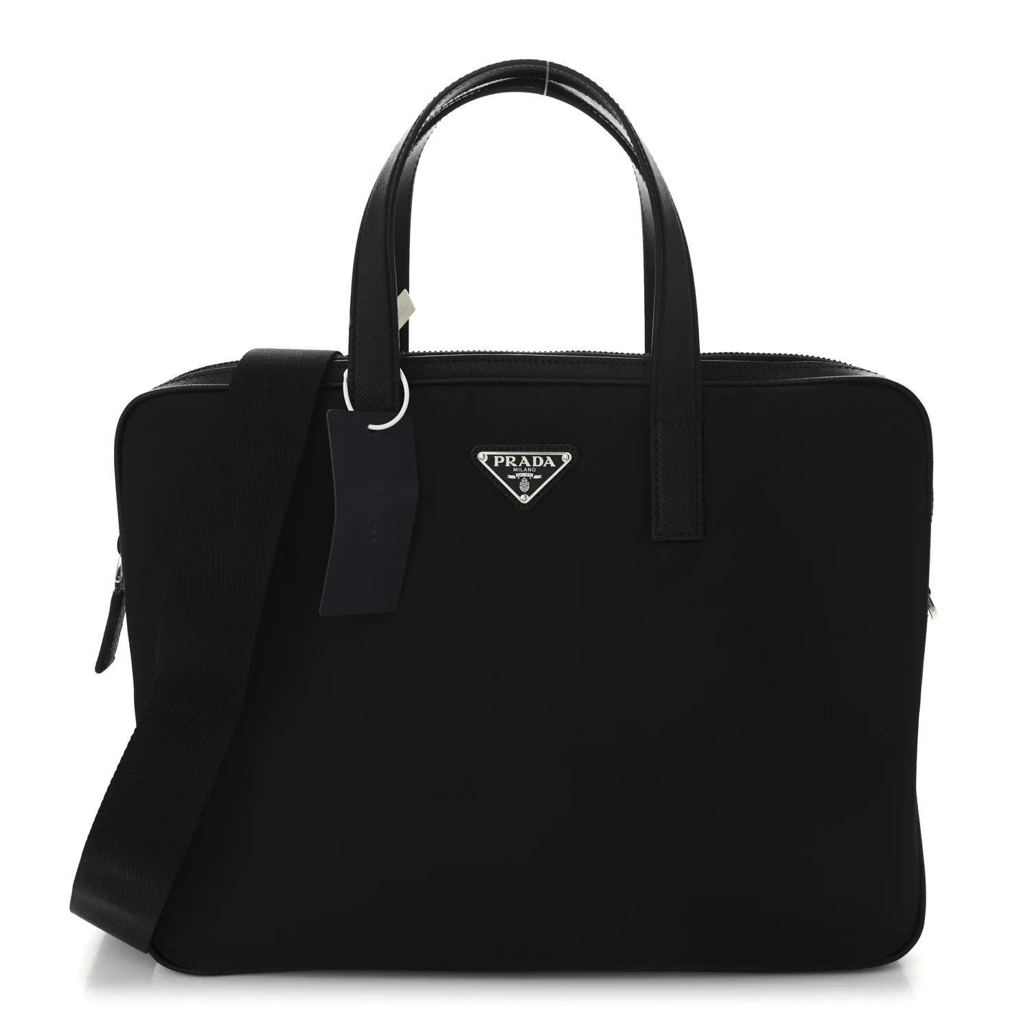 Re-Nylon Saffiano Metal Triangle Logo Briefcase Black
